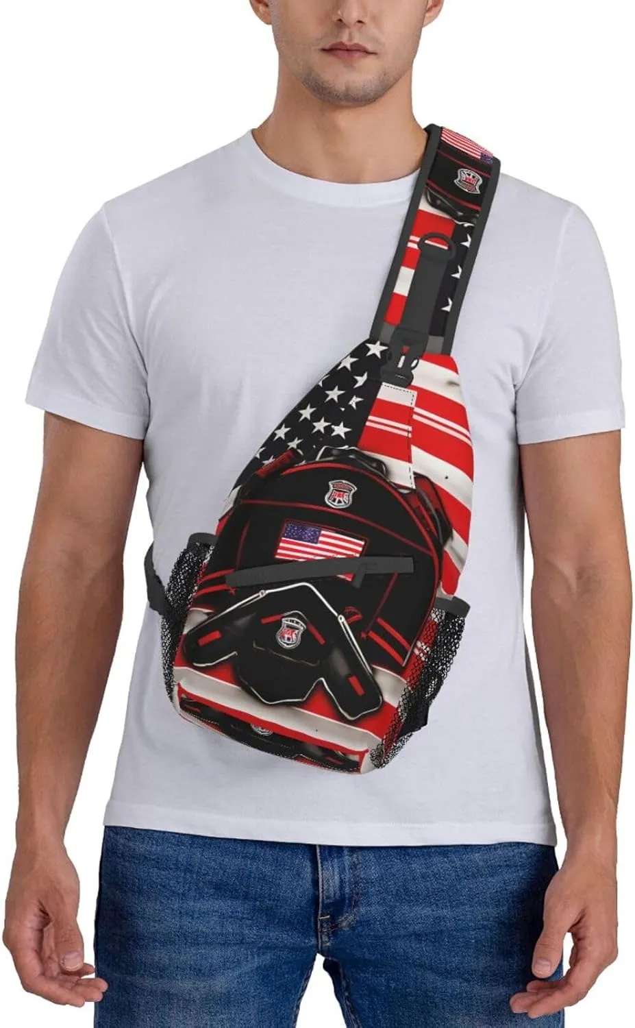 Red Line Firefighter USA Flag Print Sling Backpack, Sling Bag, Crossbody Chest Bag Daypack, for Hiking Travel