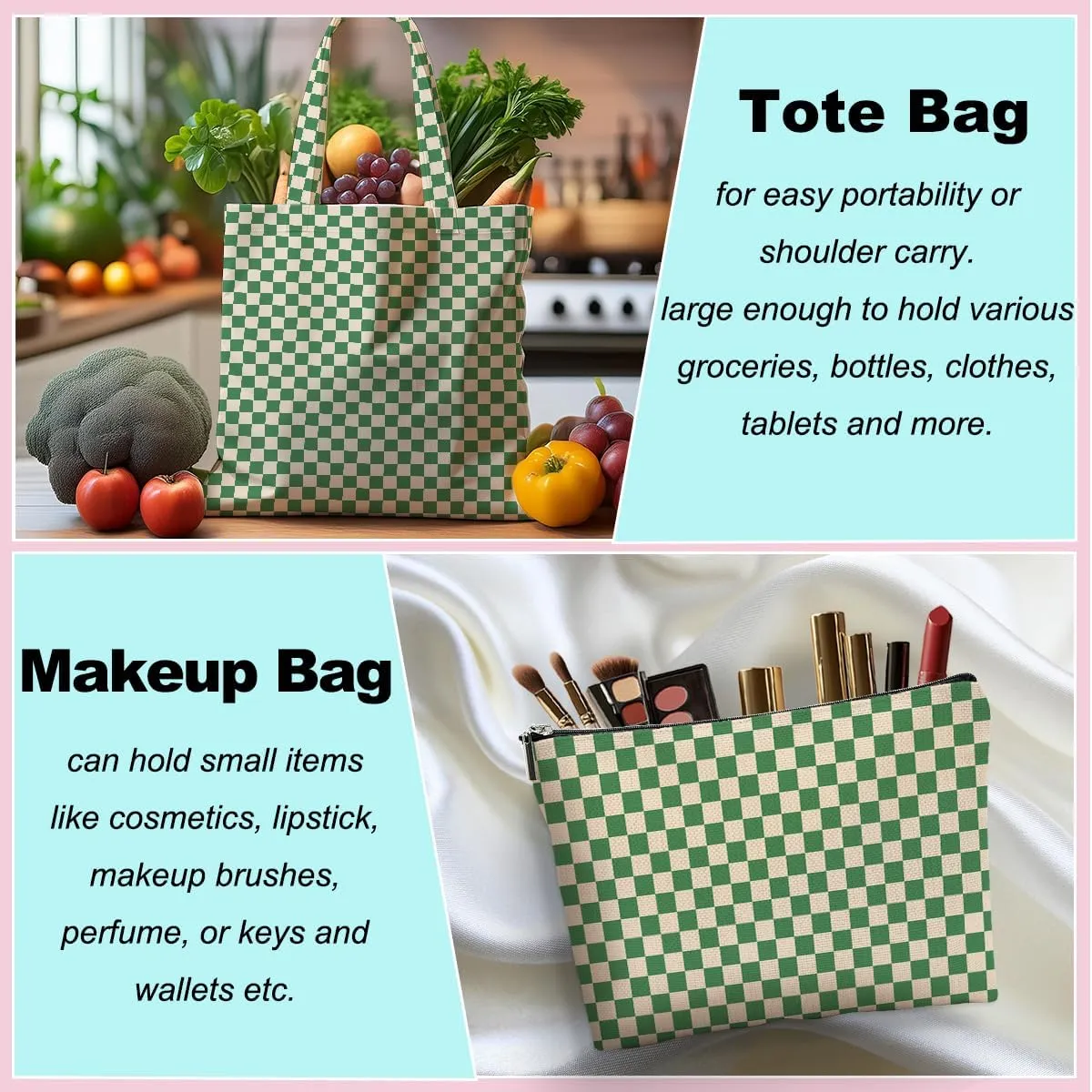 Retro Checkered Christmas Birthday Canvas Tote Bag Shopping Grocery Bag with Pocket & Makeup Bag for Women Girls