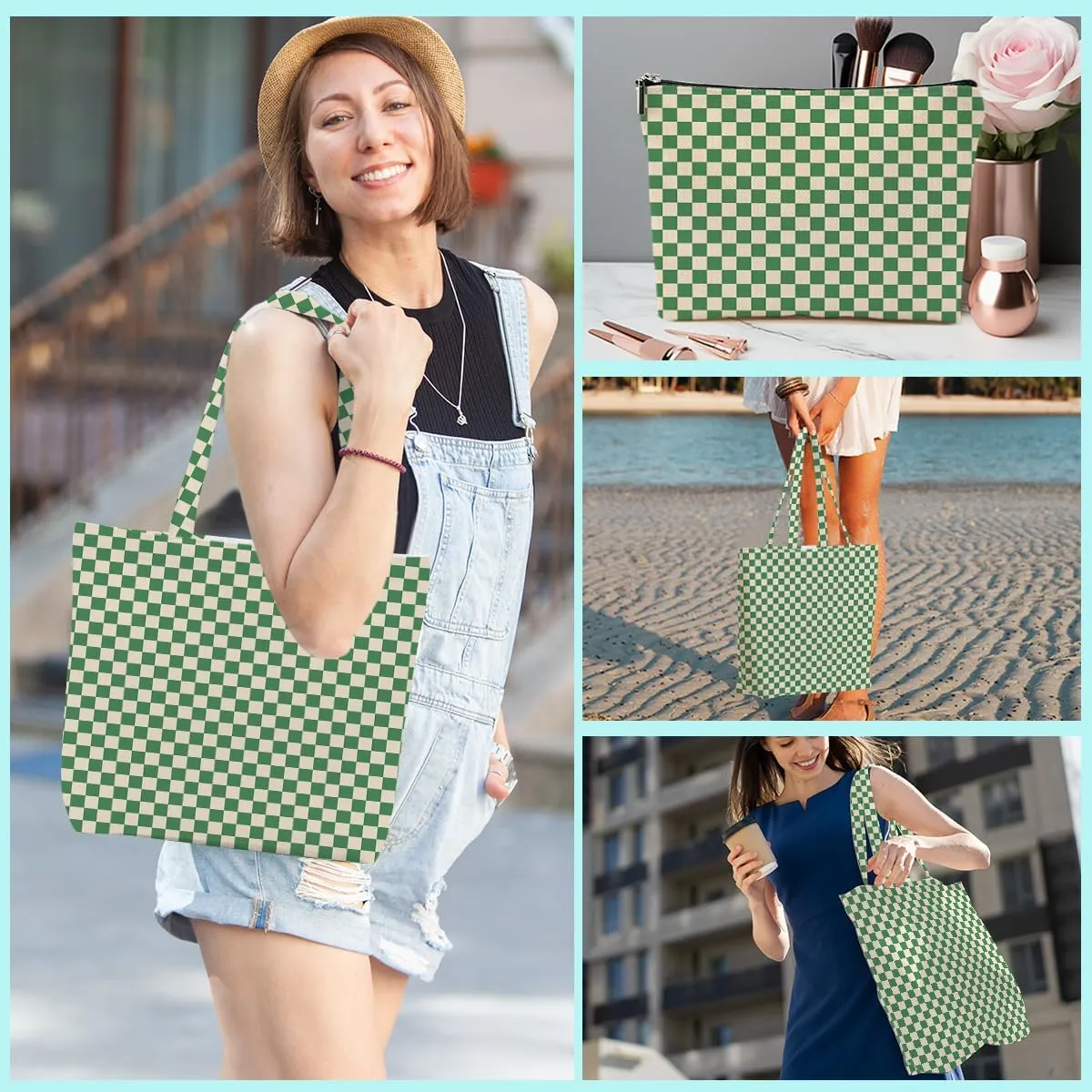 Retro Checkered Christmas Birthday Canvas Tote Bag Shopping Grocery Bag with Pocket & Makeup Bag for Women Girls