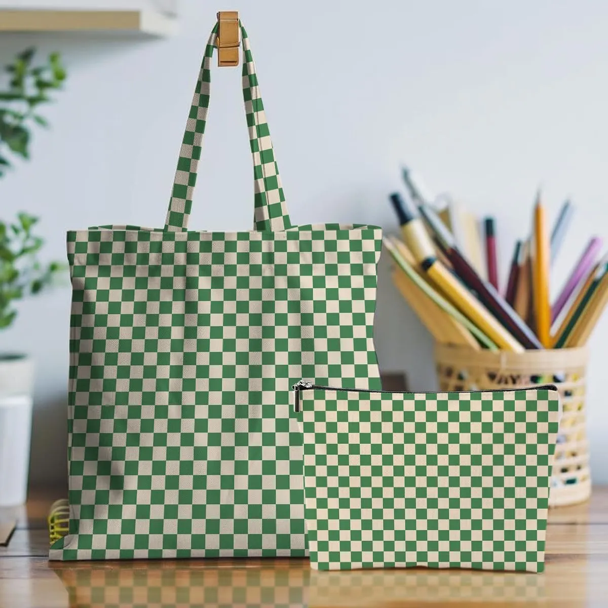 Retro Checkered Christmas Birthday Canvas Tote Bag Shopping Grocery Bag with Pocket & Makeup Bag for Women Girls