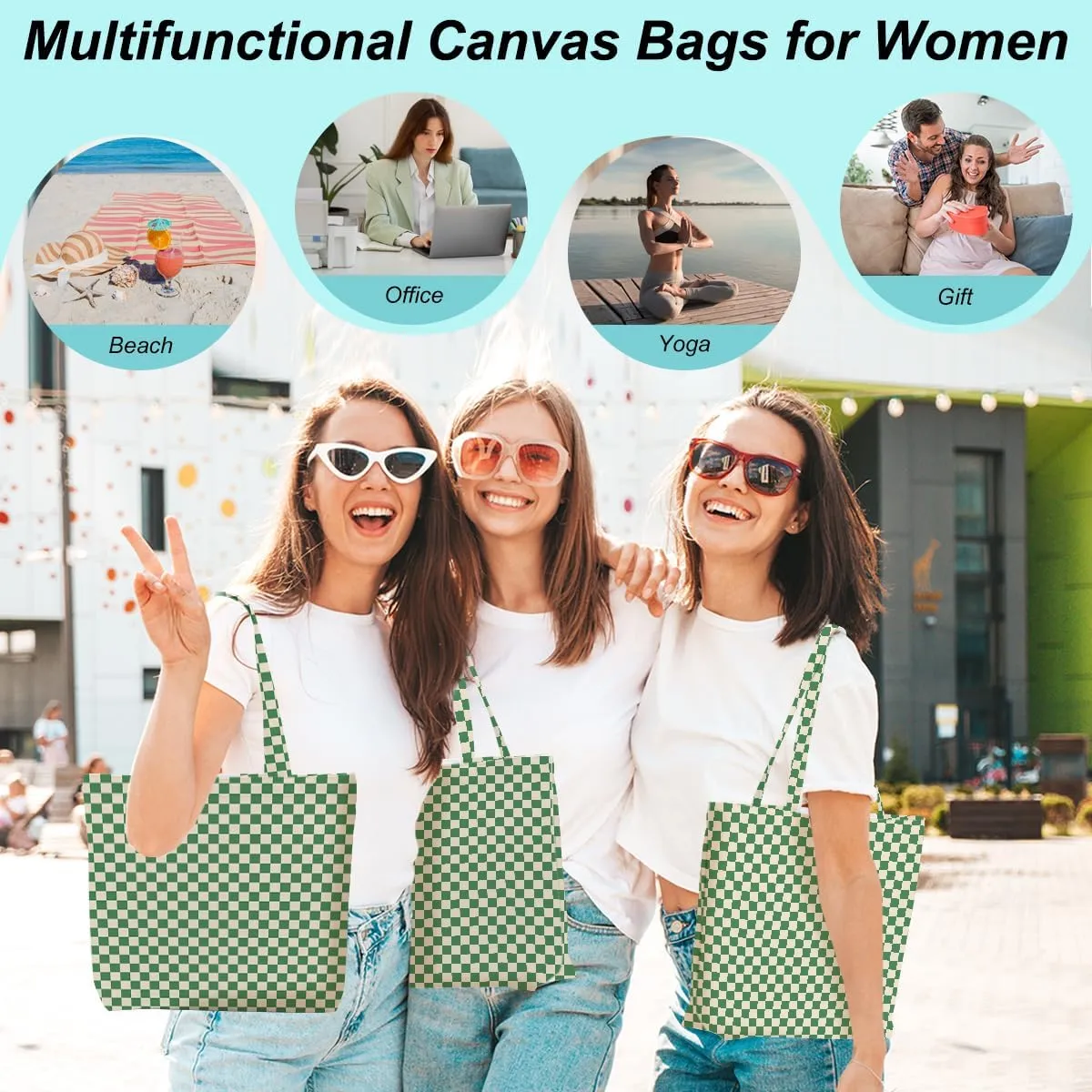 Retro Checkered Christmas Birthday Canvas Tote Bag Shopping Grocery Bag with Pocket & Makeup Bag for Women Girls