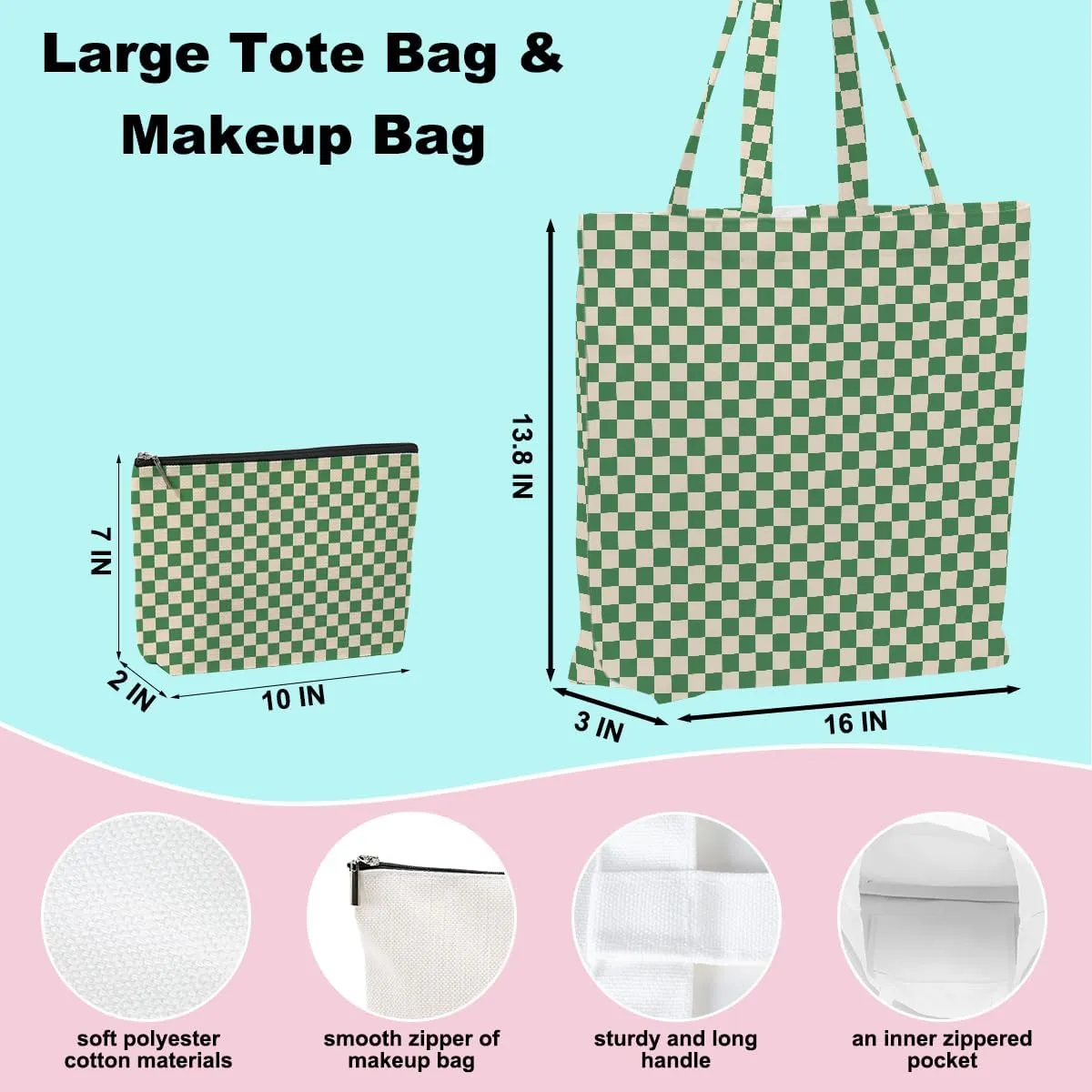 Retro Checkered Christmas Birthday Canvas Tote Bag Shopping Grocery Bag with Pocket & Makeup Bag for Women Girls