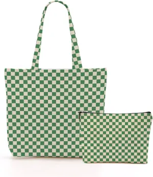 Retro Checkered Christmas Birthday Canvas Tote Bag Shopping Grocery Bag with Pocket & Makeup Bag for Women Girls