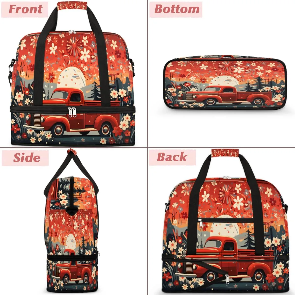 Retro Fireworks Truck Foldable Duffle Bag with Shoes Compartment Large Capacity Waterproof Travel Weekender Bag Overnight Bag for Sports Gym