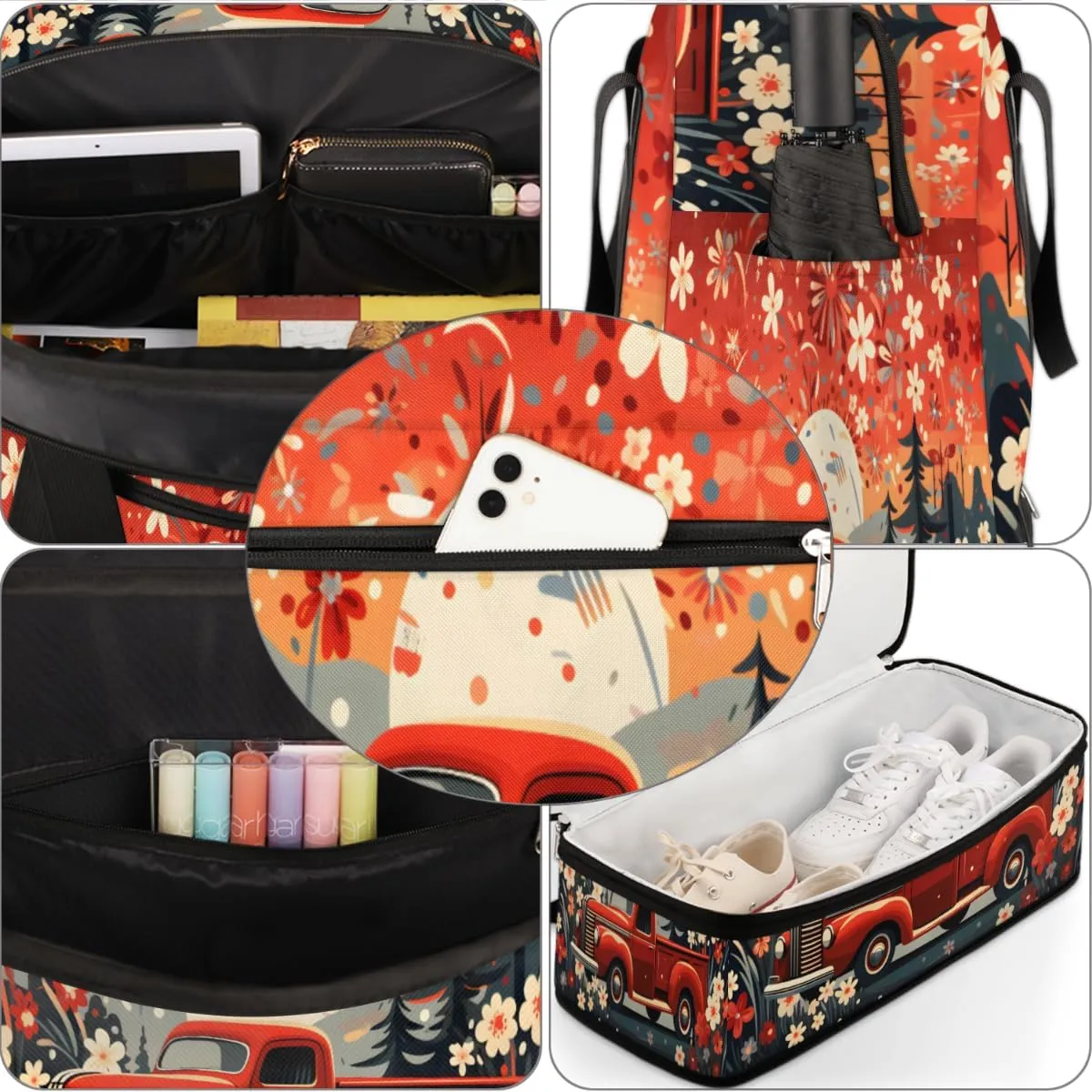 Retro Fireworks Truck Foldable Duffle Bag with Shoes Compartment Large Capacity Waterproof Travel Weekender Bag Overnight Bag for Sports Gym