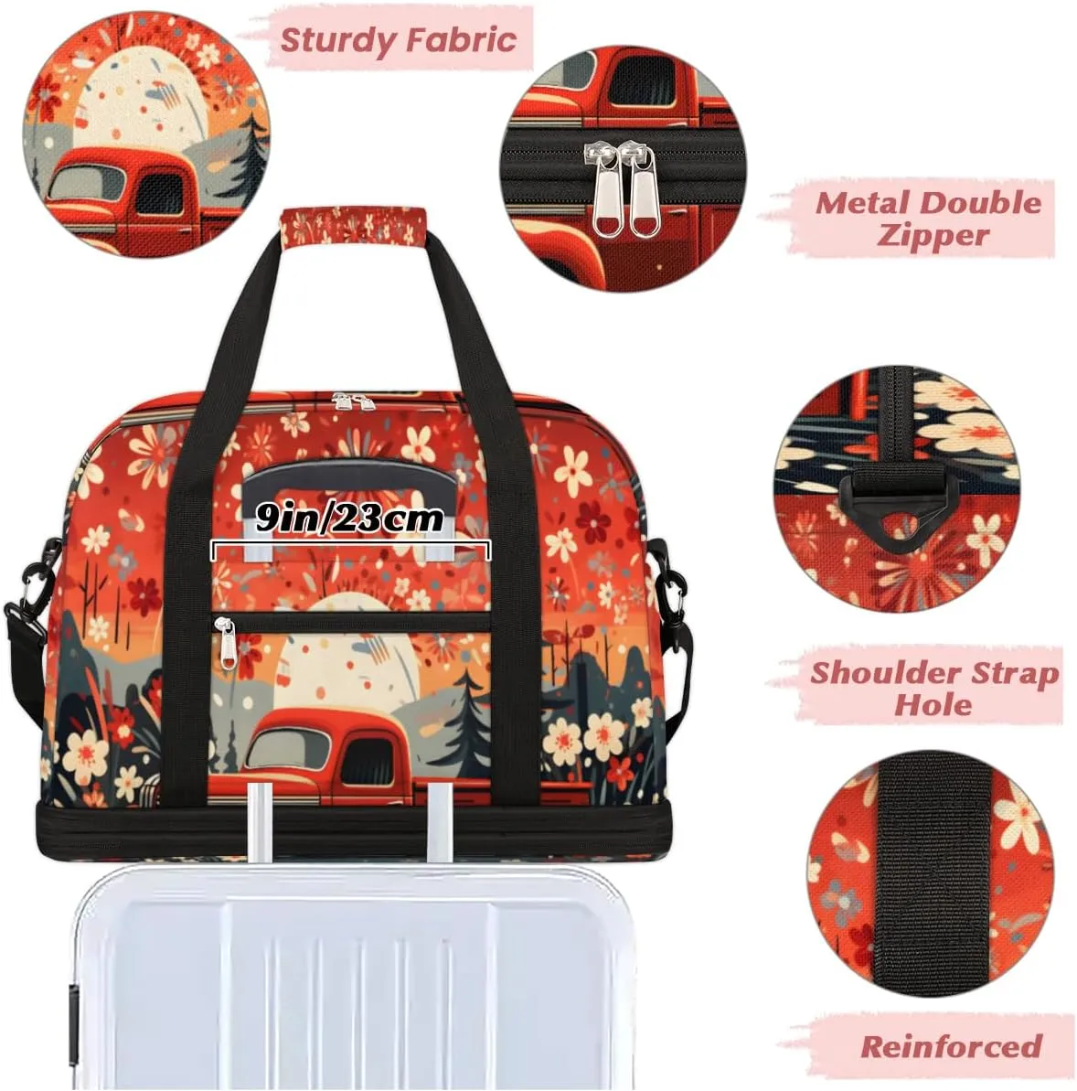 Retro Fireworks Truck Foldable Duffle Bag with Shoes Compartment Large Capacity Waterproof Travel Weekender Bag Overnight Bag for Sports Gym