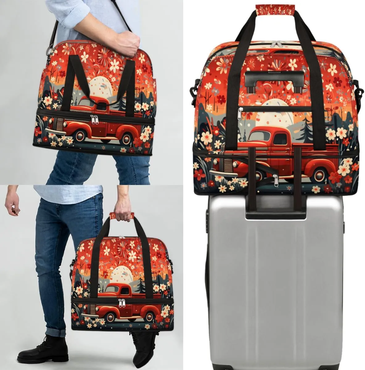 Retro Fireworks Truck Foldable Duffle Bag with Shoes Compartment Large Capacity Waterproof Travel Weekender Bag Overnight Bag for Sports Gym