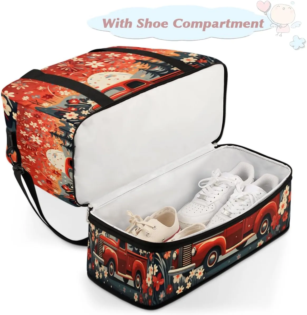 Retro Fireworks Truck Foldable Duffle Bag with Shoes Compartment Large Capacity Waterproof Travel Weekender Bag Overnight Bag for Sports Gym