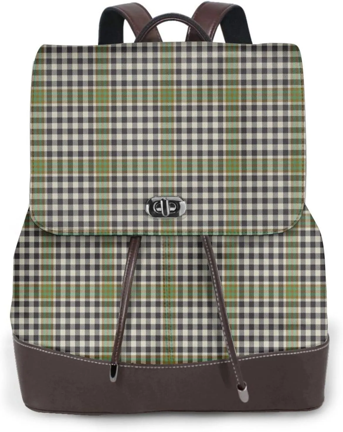 Retro Leather Shoulder Bag Burns Check Tartan Backpack Practical Daypack Purse for Women Ladies