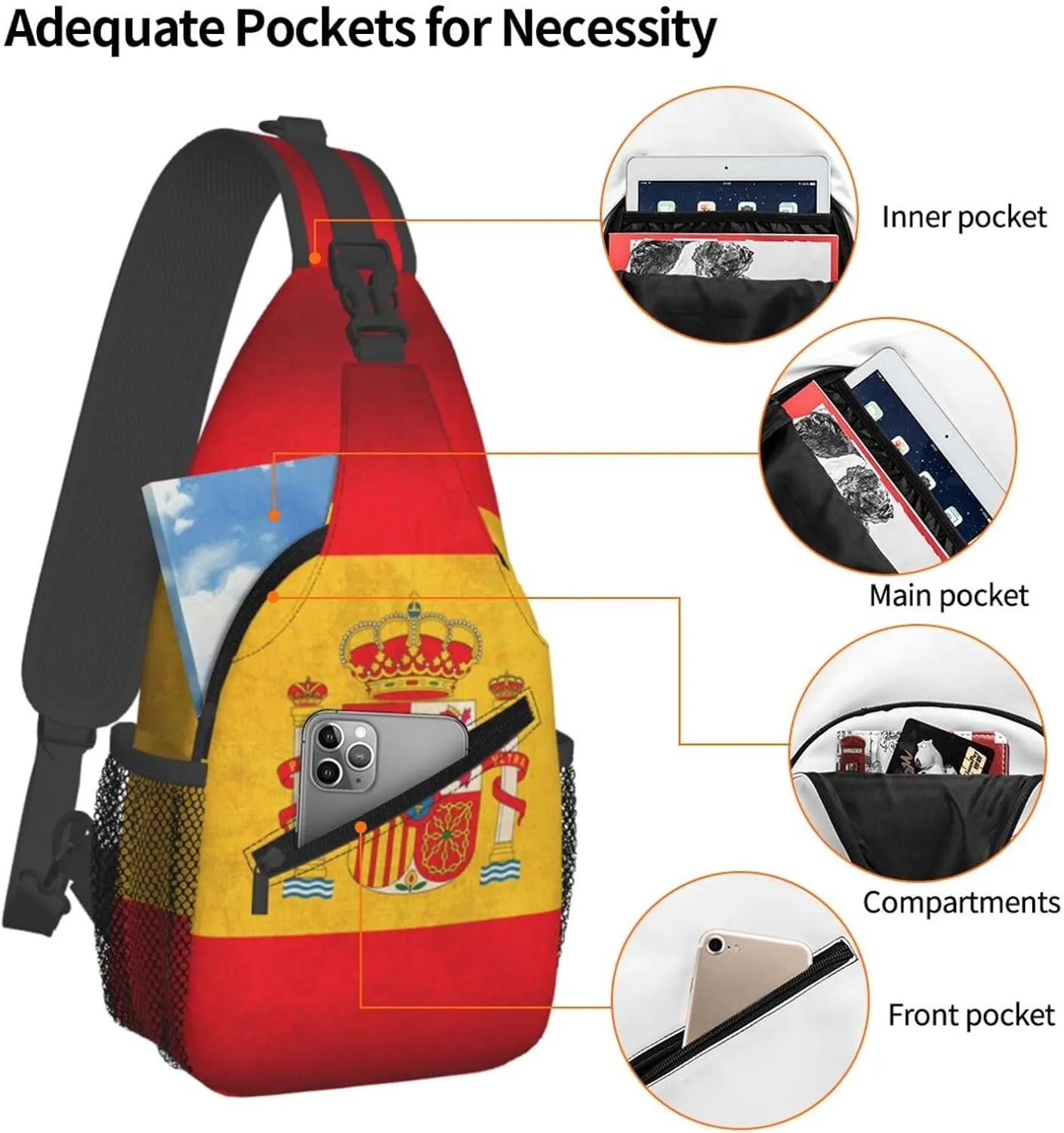 Retro Spain Flag Mans Crossbody Chest Bag One Shoulder Strap Sling Daypack