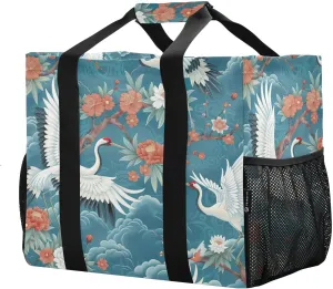 Reusable Grocery Bags with Reinforced Handles & Side Pockets, White Crane Waterproof Beach Tote Bag Large Foldable Handbags for Shopping, Travel, Gym