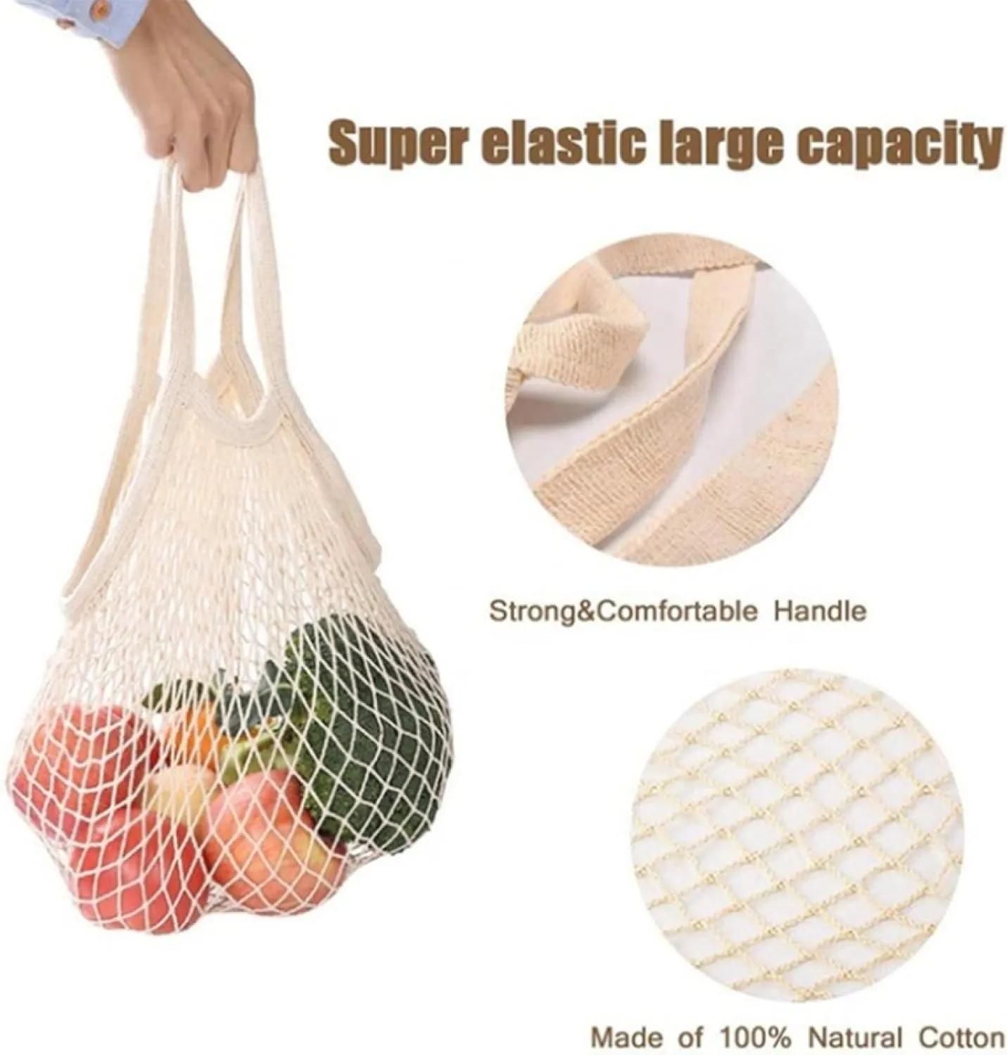 Reusable Mesh Grocery Bag Washable Cotton Shopping Bag Portable Net Storage Bag for Vegetables Fruit Farmers Shopping Picnics(White, Black)