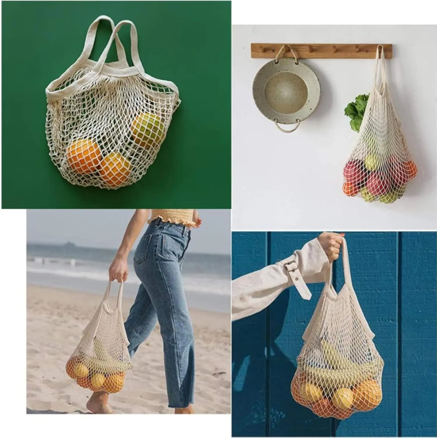 Reusable Mesh Grocery Bag Washable Cotton Shopping Bag Portable Net Storage Bag for Vegetables Fruit Farmers Shopping Picnics(White, Black)
