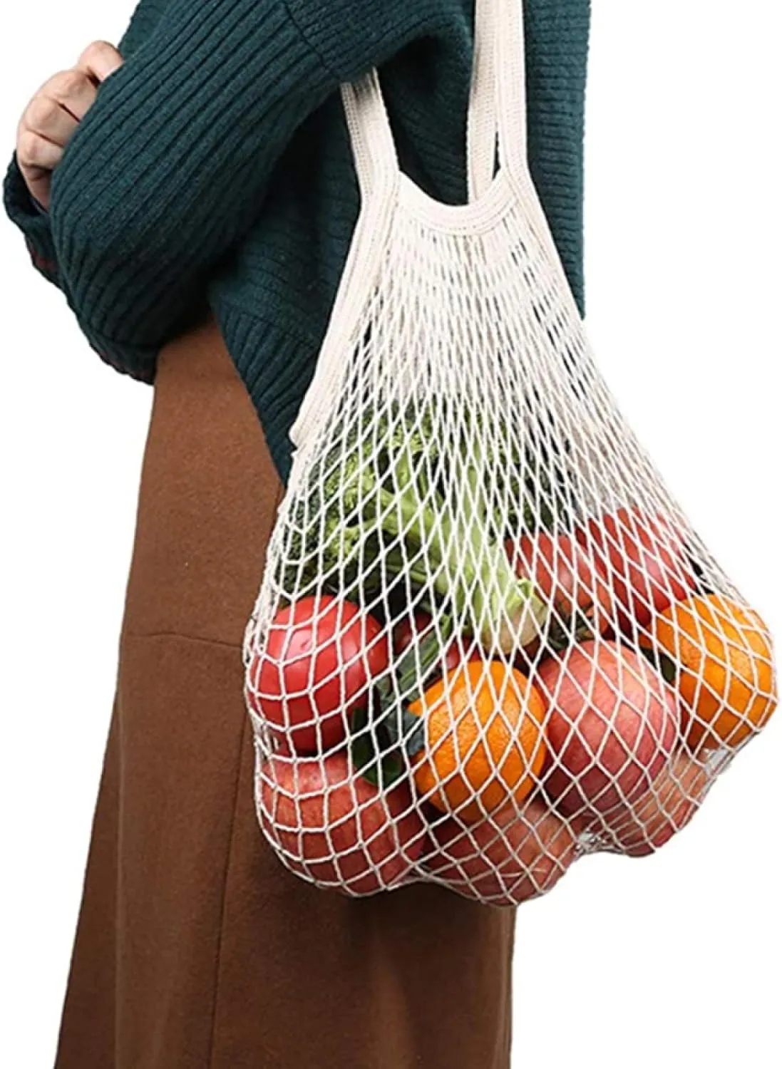 Reusable Mesh Grocery Bag Washable Cotton Shopping Bag Portable Net Storage Bag for Vegetables Fruit Farmers Shopping Picnics(White, Black)