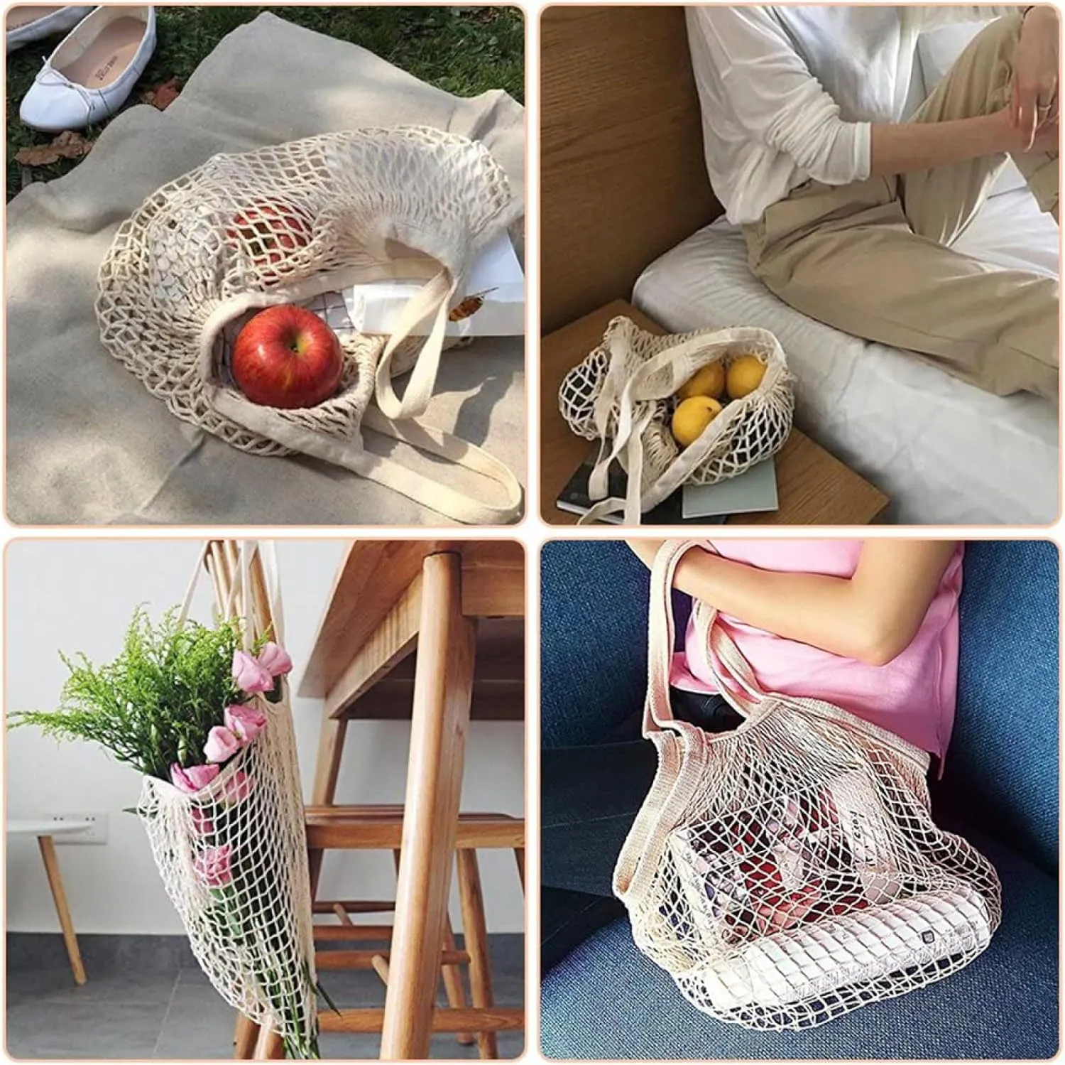 Reusable Mesh Grocery Bag Washable Cotton Shopping Bag Portable Net Storage Bag for Vegetables Fruit Farmers Shopping Picnics(White, Black)