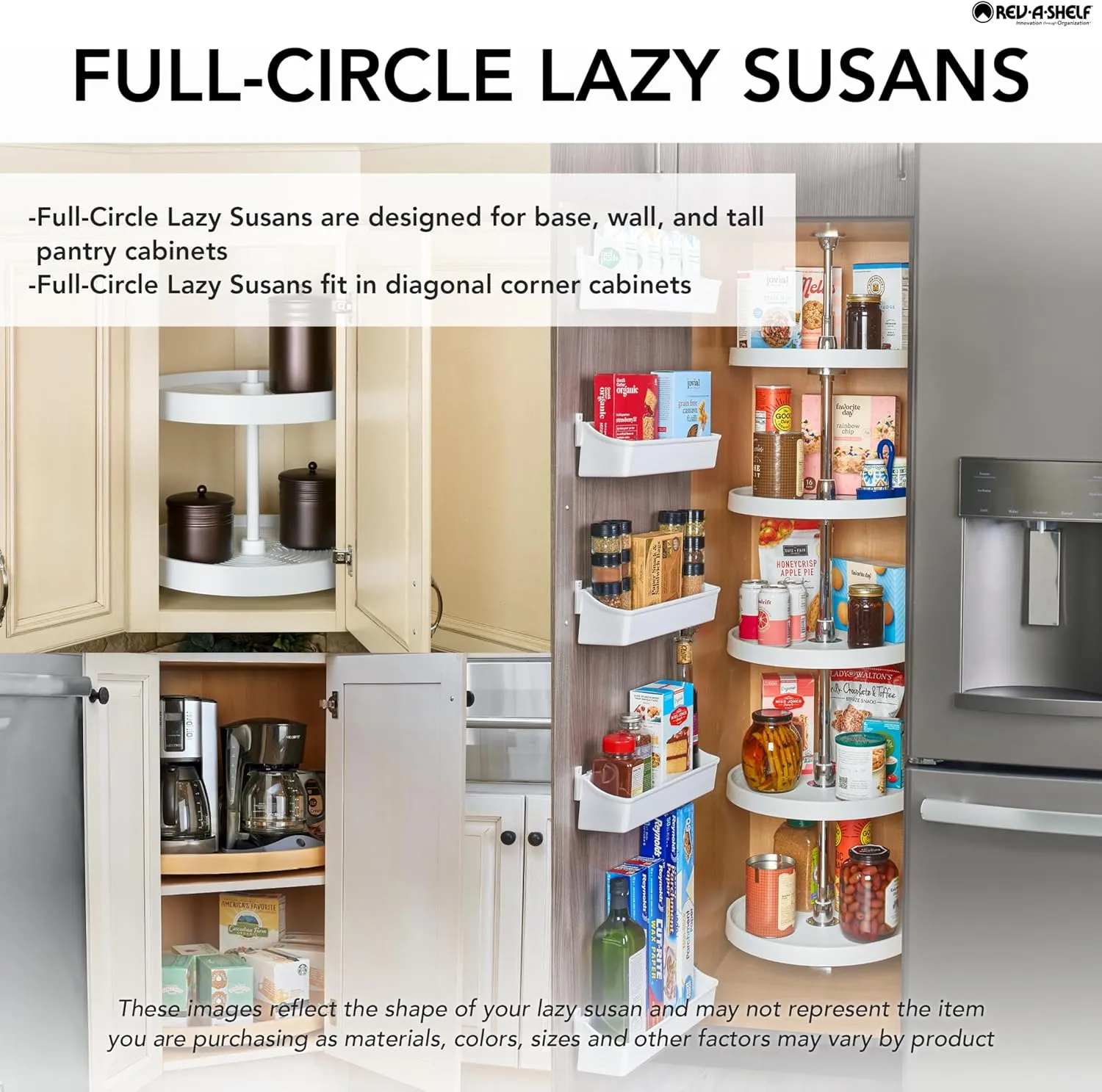 Rev-A-Shelf 2 Tier Full-Circle Lazy Susan for Corner Base Cabinets Plastic 28" Double Shelf Swivel Kitchen Spice/Can Organizer, White, 3072-28-11-52
