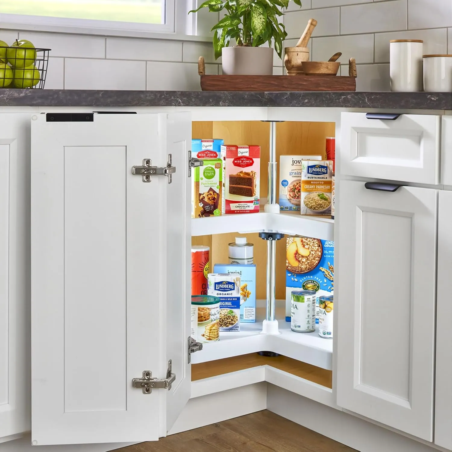 Rev-A-Shelf 2 Tier Kidney Cut Lazy Susan for Corner Base Cabinets, Plastic, 32" Double Shelf Swivel Kitchen Spice/ Can Organizer, White, 3472-32-11-52