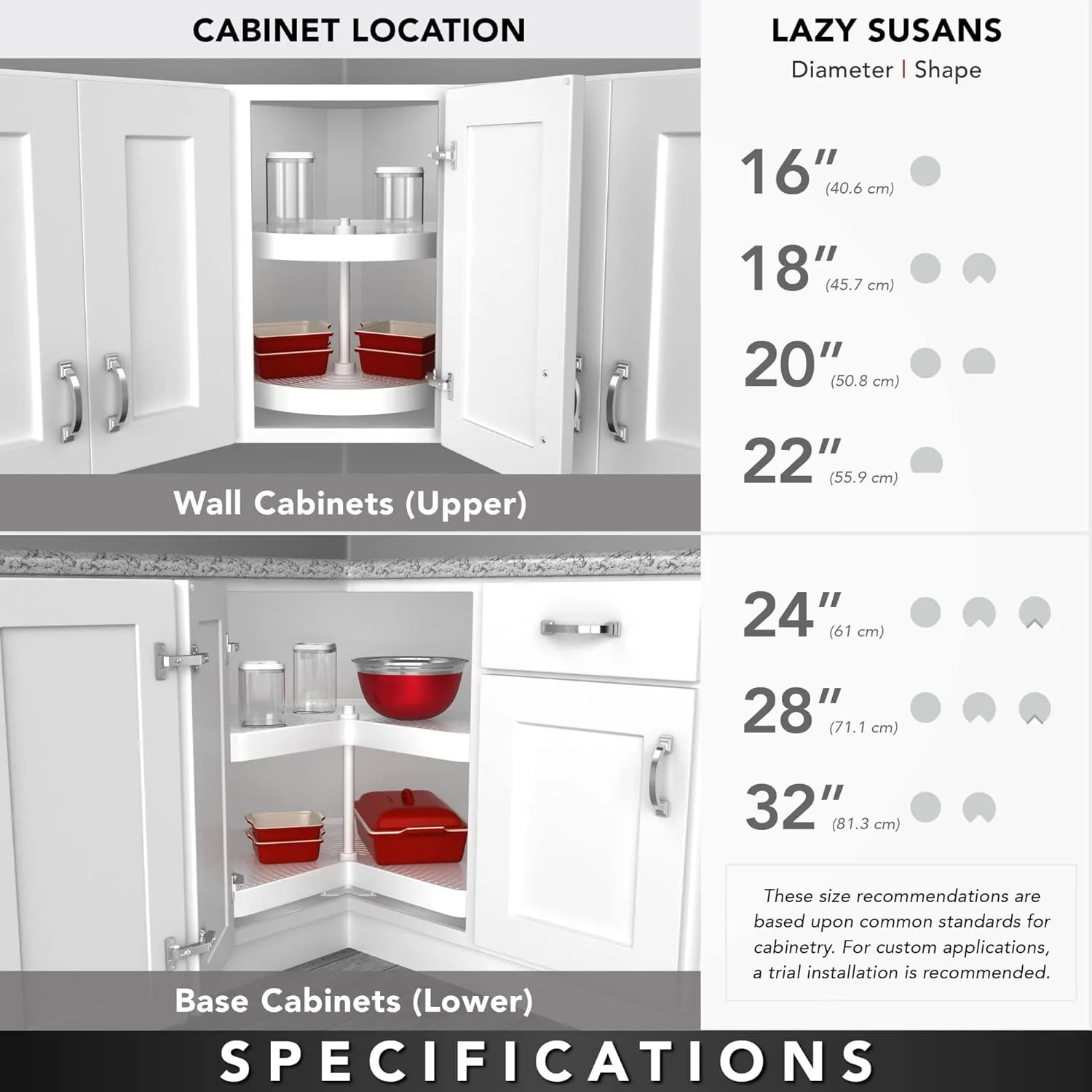 Rev-A-Shelf 2 Tier Kidney Cut Lazy Susan for Corner Base Cabinets, Plastic, 32" Double Shelf Swivel Kitchen Spice/ Can Organizer, White, 3472-32-11-52