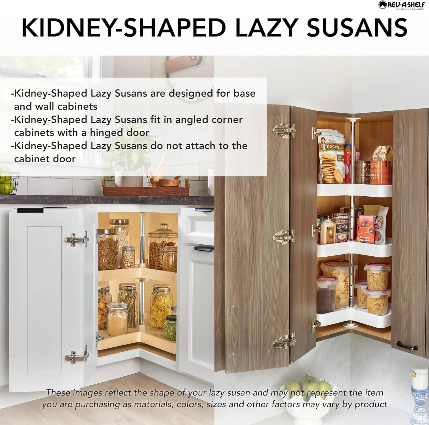 Rev-A-Shelf 2 Tier Kidney Cut Lazy Susan for Corner Base Cabinets, Plastic, 32" Double Shelf Swivel Kitchen Spice/ Can Organizer, White, 3472-32-11-52