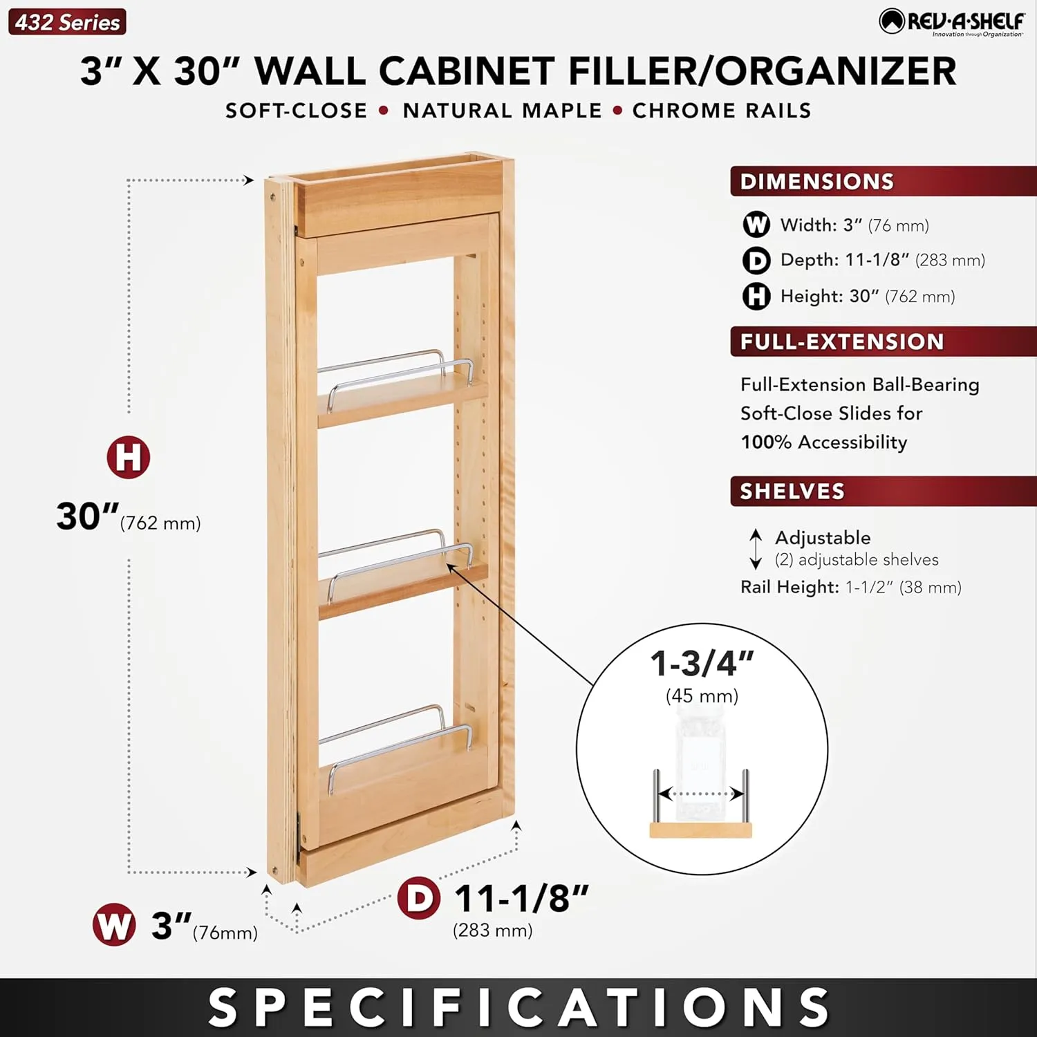 Rev-A-Shelf Kitchen Cabinet Pullout Wall Filler Wooden Organizer Slide Out Pantry Storage w/Soft-Close in Multiple Sizes, Maple Wood, 432-WFBBSC30-3C