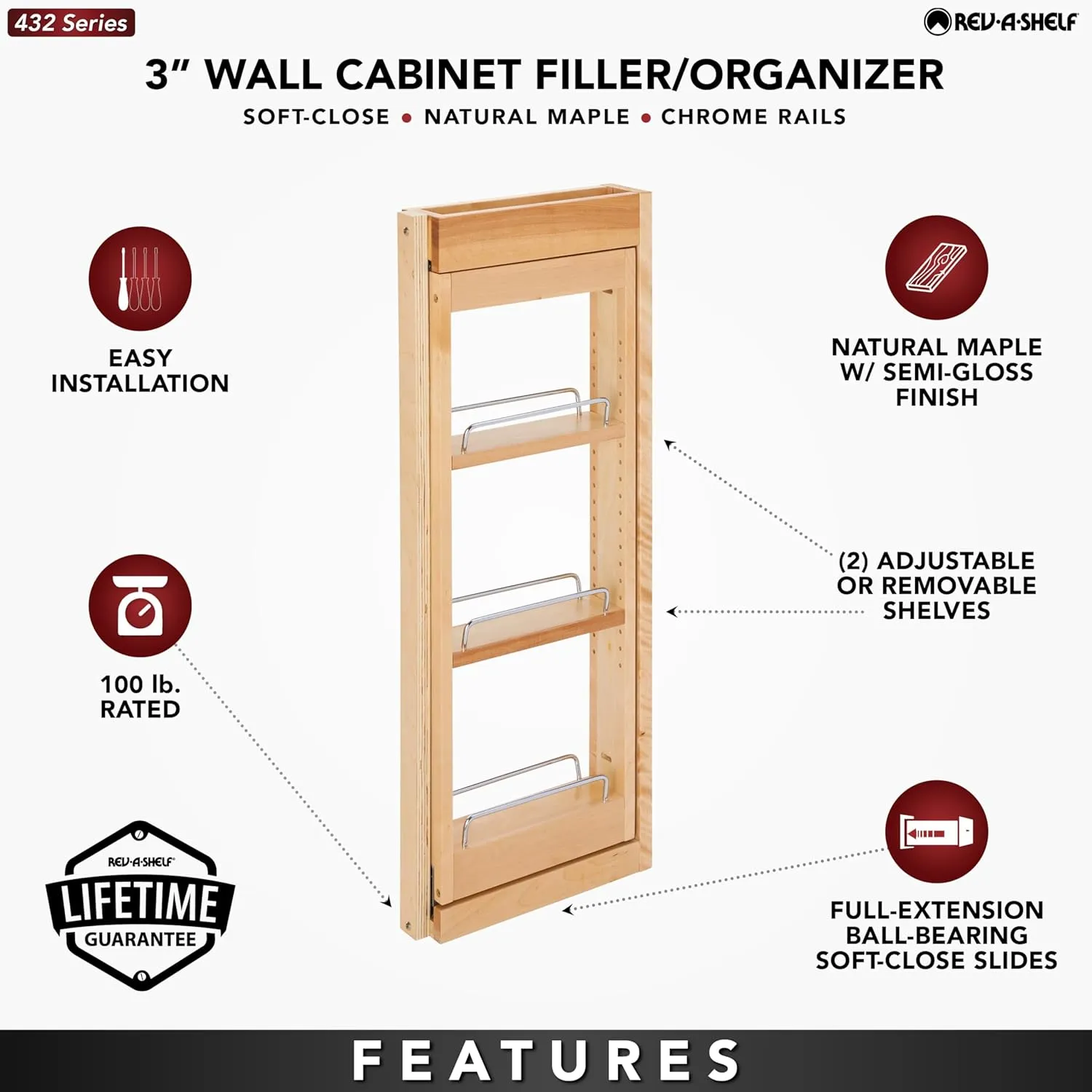Rev-A-Shelf Kitchen Cabinet Pullout Wall Filler Wooden Organizer Slide Out Pantry Storage w/Soft-Close in Multiple Sizes, Maple Wood, 432-WFBBSC30-3C