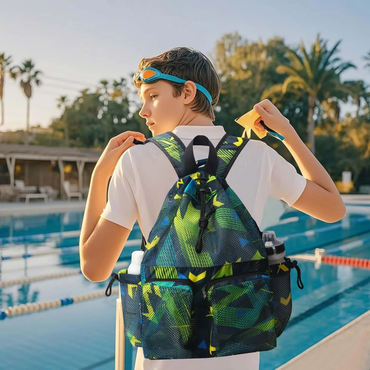 RHCPFOVR Mesh Swim Bags for Swimmers - Drawstring Backpack for Women Men Girls Swim Team Gear Swimming Beach Gym Bag Sports Pool