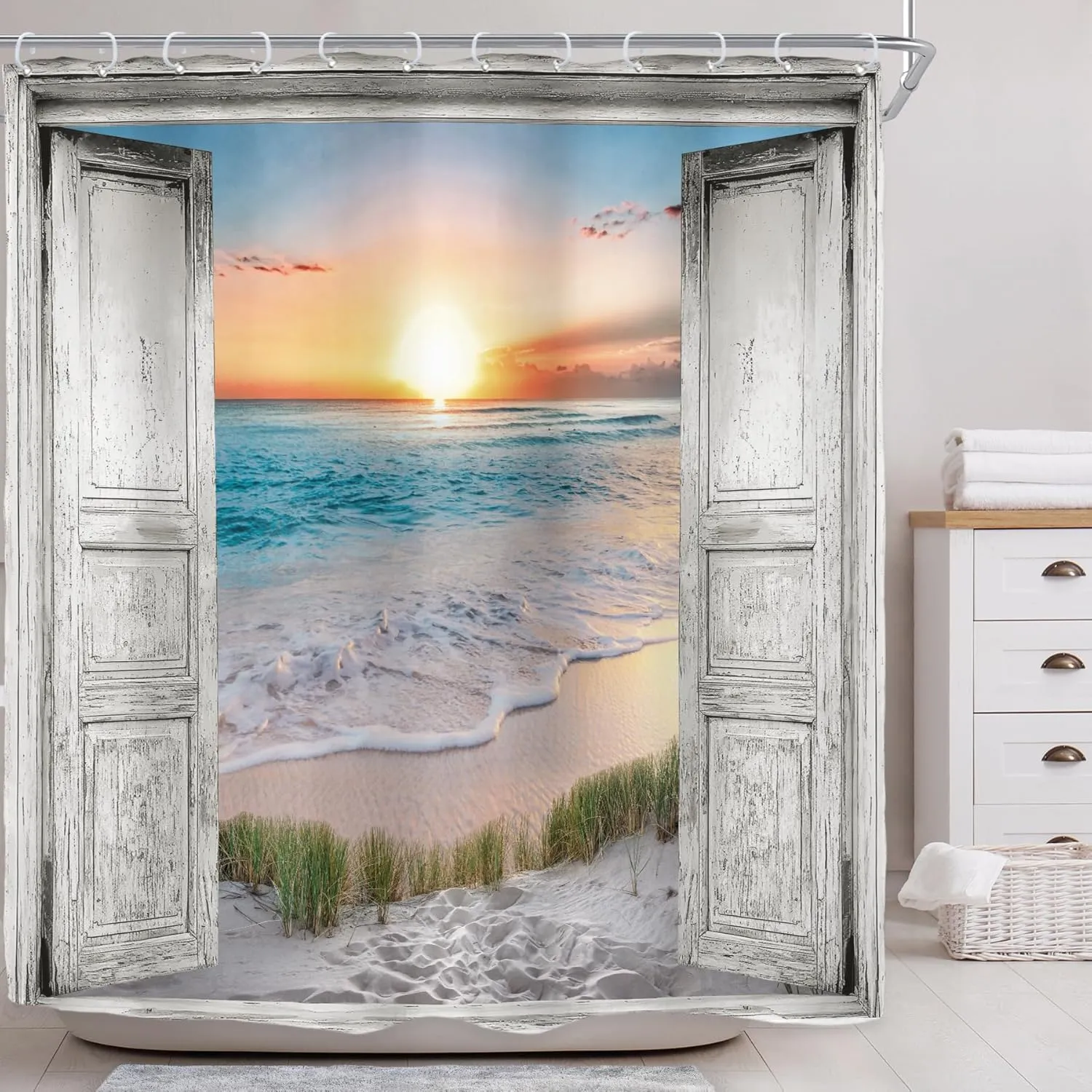 Riyidecor Ocean Beach Grey Barn Door Shower Curtain for Bathroom Decor 72Wx72H Hawaiian Sunset Scenery Sea Wave Retro Wood Rustic Nature Art Printed Fabric Polyester Waterproof 12 Pack Plastic Hooks