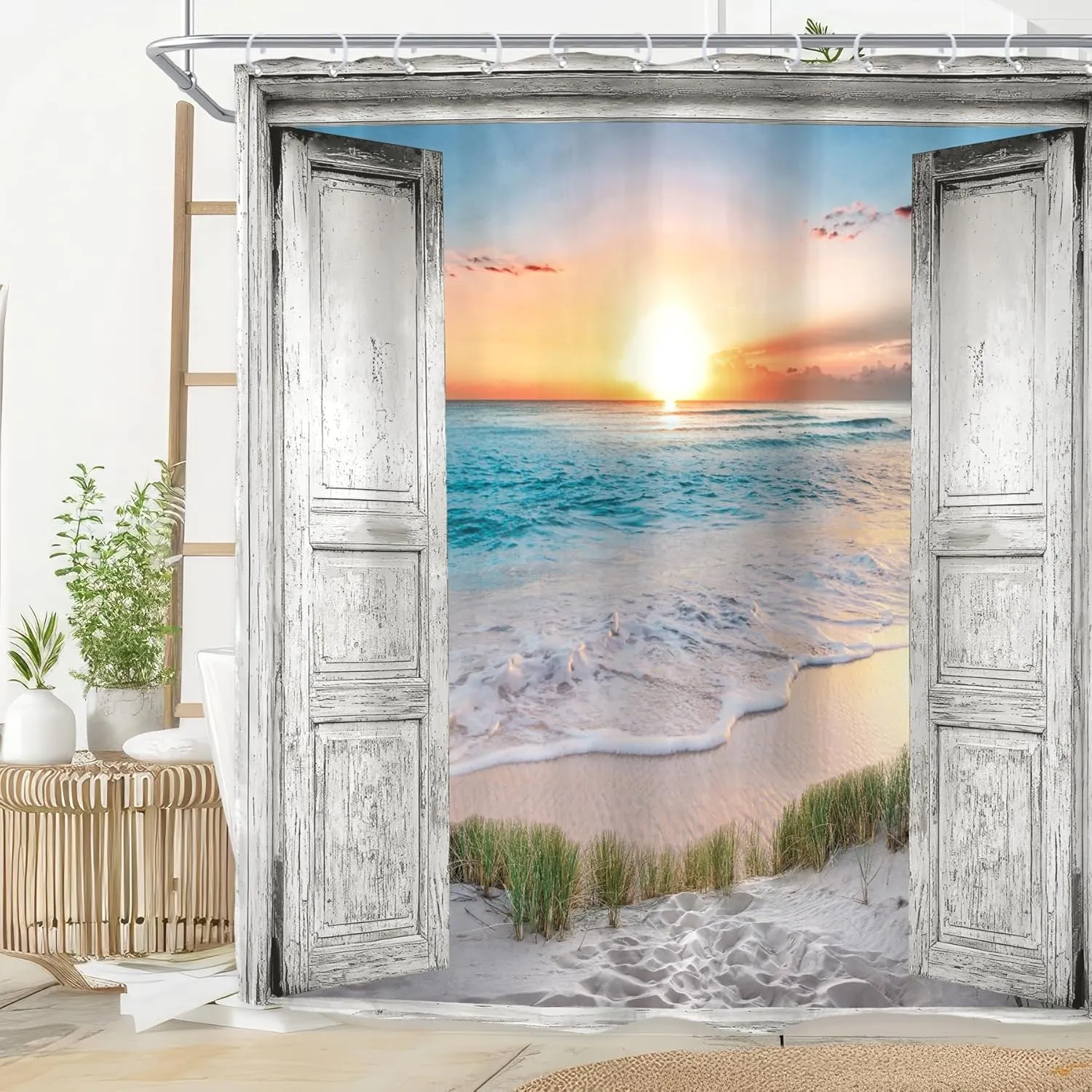 Riyidecor Ocean Beach Grey Barn Door Shower Curtain for Bathroom Decor 72Wx72H Hawaiian Sunset Scenery Sea Wave Retro Wood Rustic Nature Art Printed Fabric Polyester Waterproof 12 Pack Plastic Hooks