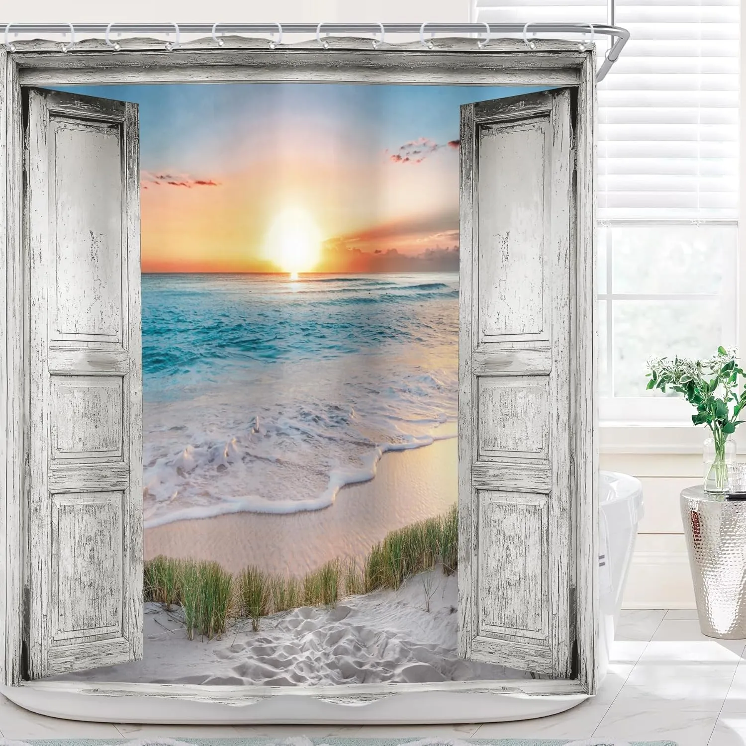 Riyidecor Ocean Beach Grey Barn Door Shower Curtain for Bathroom Decor 72Wx72H Hawaiian Sunset Scenery Sea Wave Retro Wood Rustic Nature Art Printed Fabric Polyester Waterproof 12 Pack Plastic Hooks