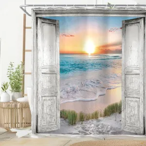 Riyidecor Ocean Beach Grey Barn Door Shower Curtain for Bathroom Decor 72Wx72H Hawaiian Sunset Scenery Sea Wave Retro Wood Rustic Nature Art Printed Fabric Polyester Waterproof 12 Pack Plastic Hooks