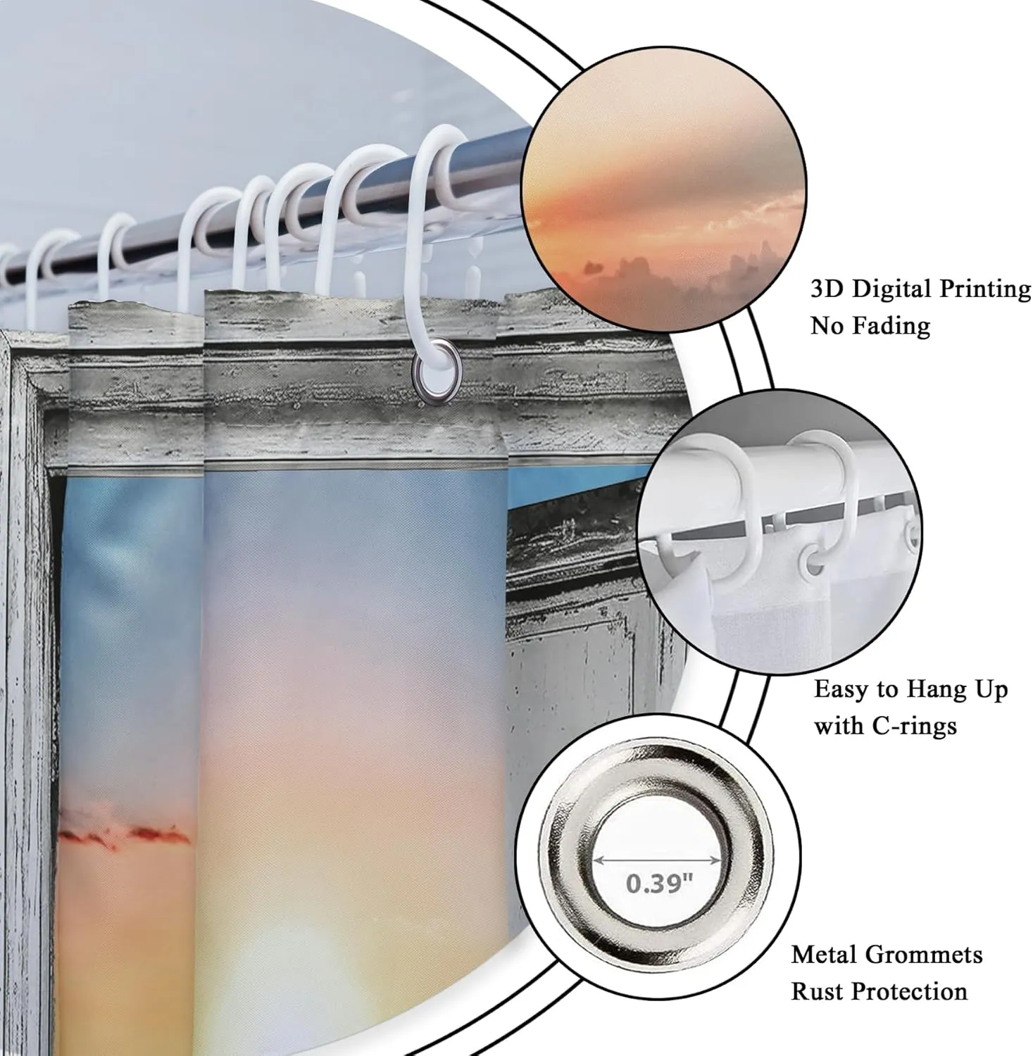 Riyidecor Ocean Beach Grey Barn Door Shower Curtain for Bathroom Decor 72Wx72H Hawaiian Sunset Scenery Sea Wave Retro Wood Rustic Nature Art Printed Fabric Polyester Waterproof 12 Pack Plastic Hooks