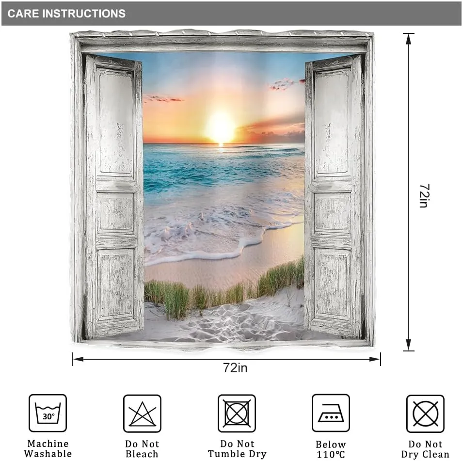 Riyidecor Ocean Beach Grey Barn Door Shower Curtain for Bathroom Decor 72Wx72H Hawaiian Sunset Scenery Sea Wave Retro Wood Rustic Nature Art Printed Fabric Polyester Waterproof 12 Pack Plastic Hooks