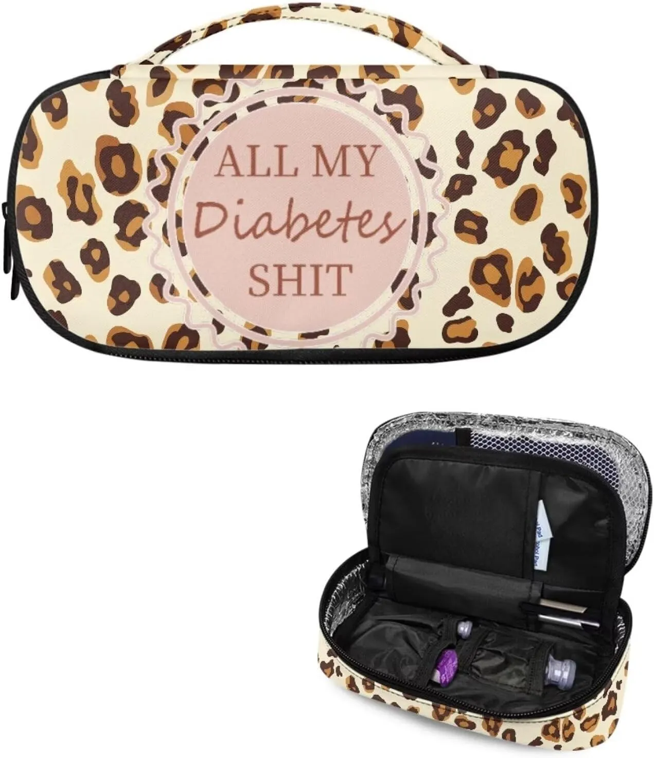 Rnyleeg All My Diabetes Shit Funny Insulin Cooler Travel Case-Leopard Print Diabetic Carrying Insulated Bag for Glucose Meter and Other Diabetic Supplies