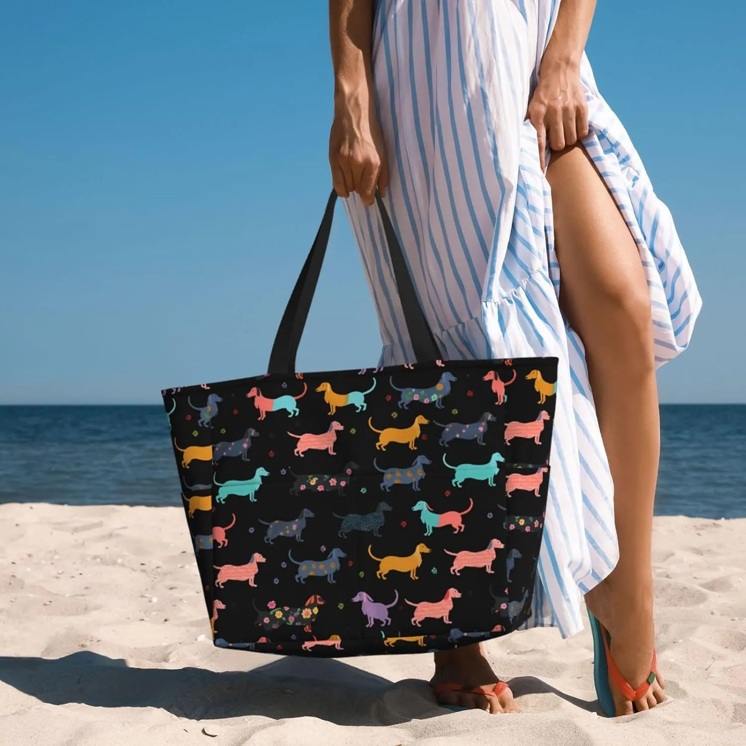 Rock and Roll Skull Skeleton Large Beach Tote Bag with Zipper, Hippie Pool Gym Bags for Women Weekender Travel