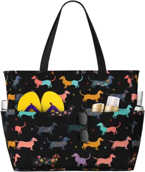 Rock and Roll Skull Skeleton Large Beach Tote Bag with Zipper, Hippie Pool Gym Bags for Women Weekender Travel