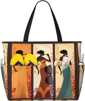 Rock and Roll Skull Skeleton Large Beach Tote Bag with Zipper, Hippie Pool Gym Bags for Women Weekender Travel