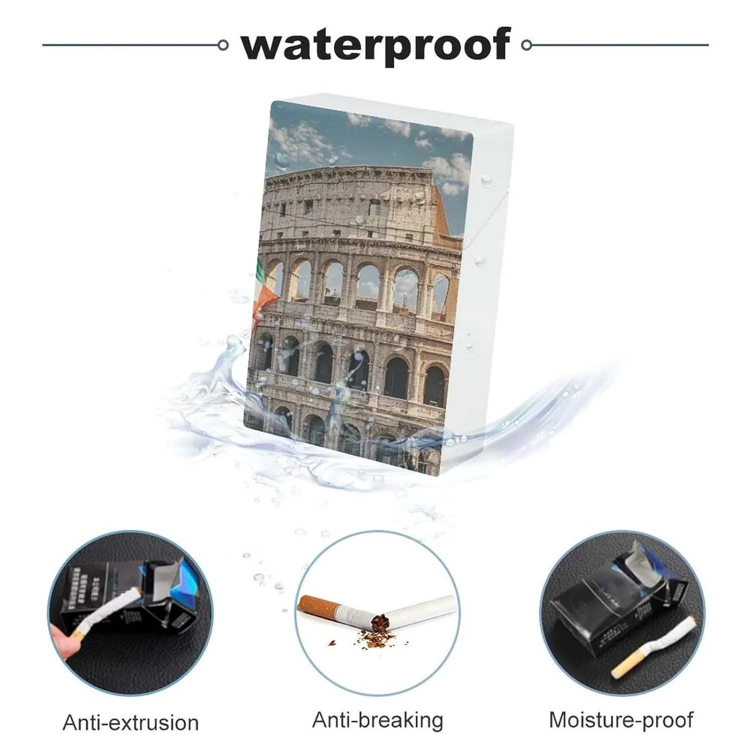 Roman Colosseum Italian Flag Cigarette Case Waterproof Crush-Proof Cigarette Holder Case Compact Travel Cigar Holder for 20 Cigarettes, Durable Scratch-Resistant Design for Men & Women