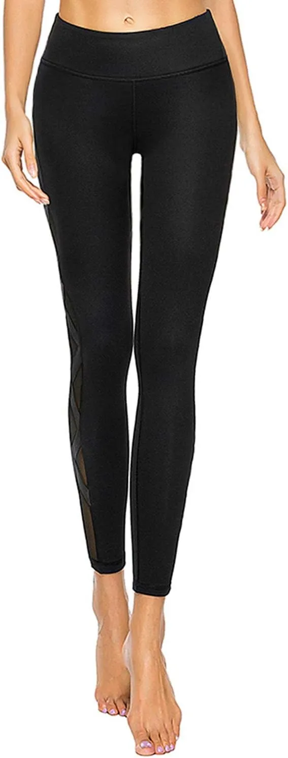 romansong Women's Mesh Leggings Yoga Pants with Pocket, Non See-Through Capri High Waisted Tummy Control 4 Way Stretch