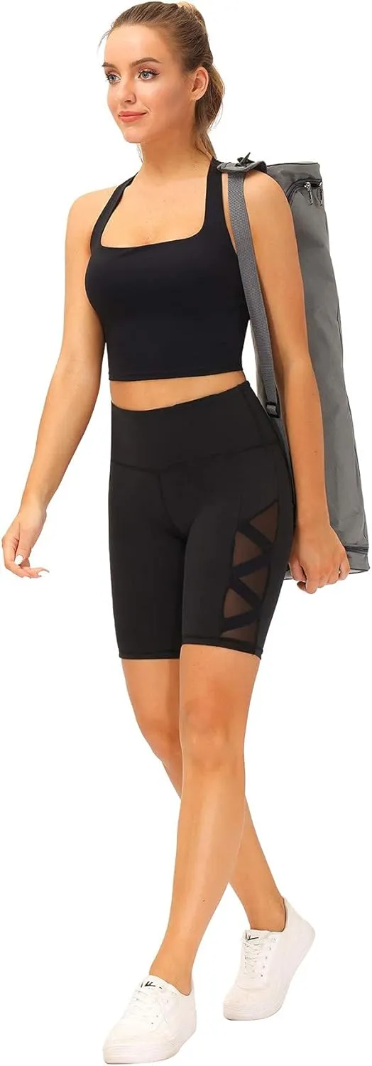 romansong Women's Mesh Leggings Yoga Pants with Pocket, Non See-Through Capri High Waisted Tummy Control 4 Way Stretch