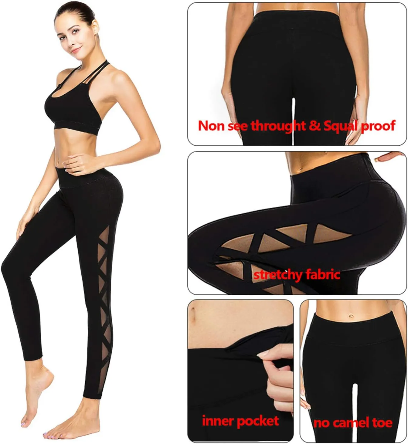 romansong Women's Mesh Leggings Yoga Pants with Pocket, Non See-Through Capri High Waisted Tummy Control 4 Way Stretch