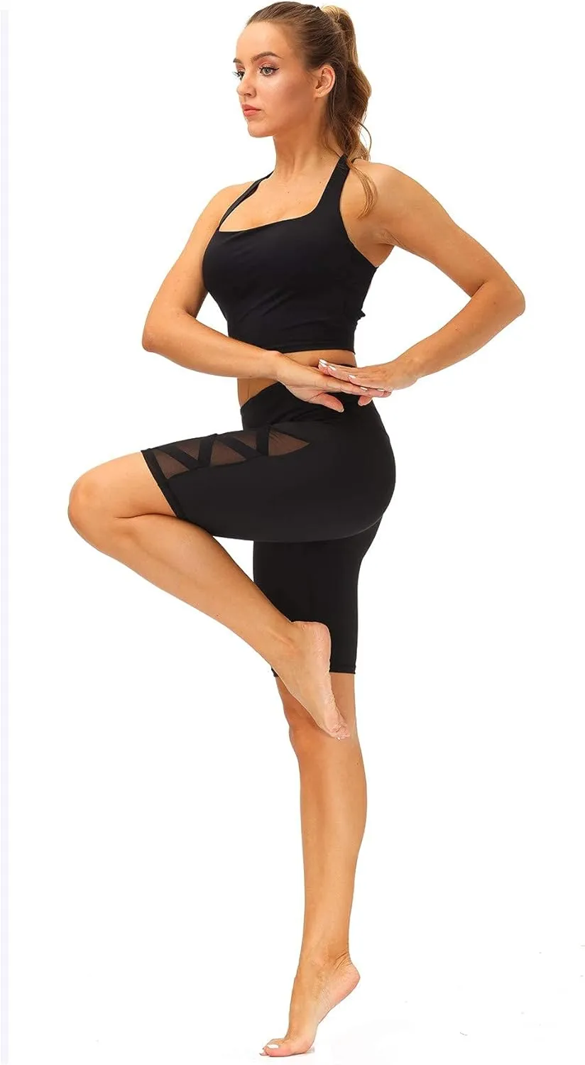 romansong Women's Mesh Leggings Yoga Pants with Pocket, Non See-Through Capri High Waisted Tummy Control 4 Way Stretch