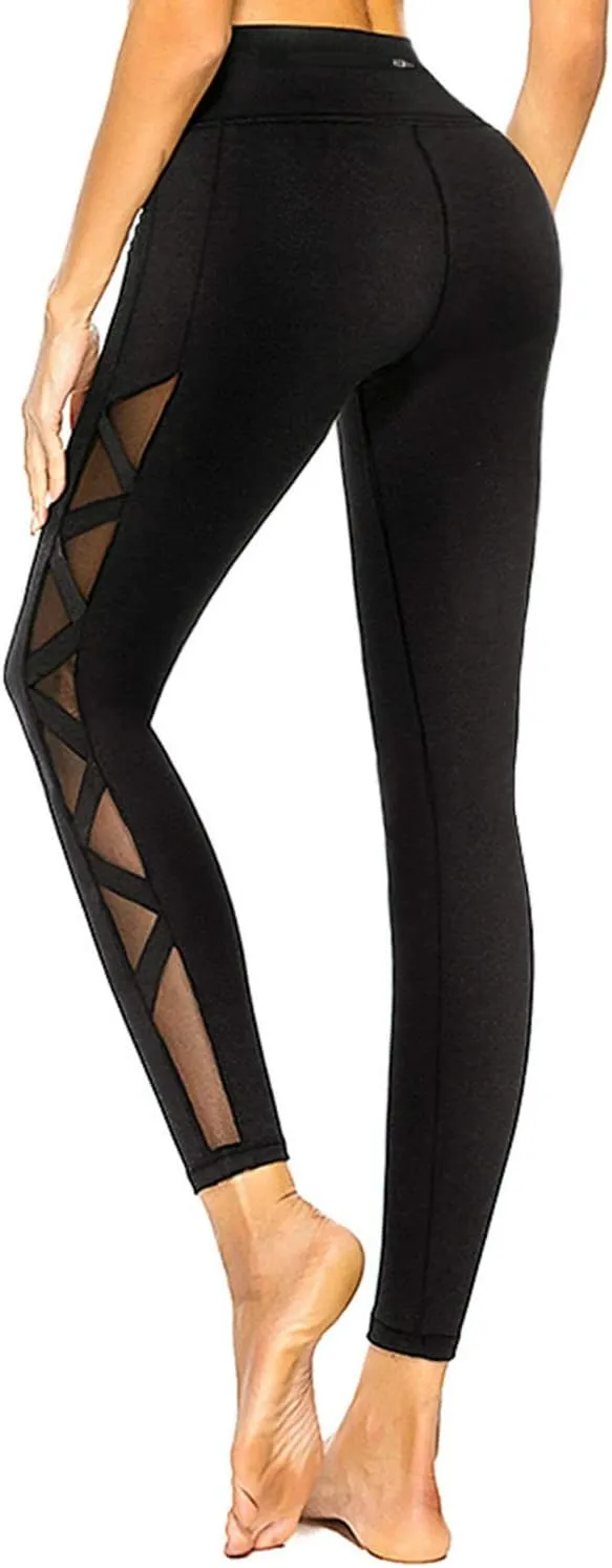 romansong Women's Mesh Leggings Yoga Pants with Pocket, Non See-Through Capri High Waisted Tummy Control 4 Way Stretch