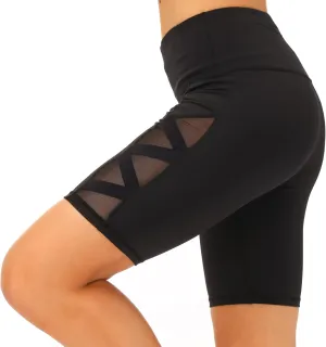 romansong Women's Mesh Leggings Yoga Pants with Pocket, Non See-Through Capri High Waisted Tummy Control 4 Way Stretch