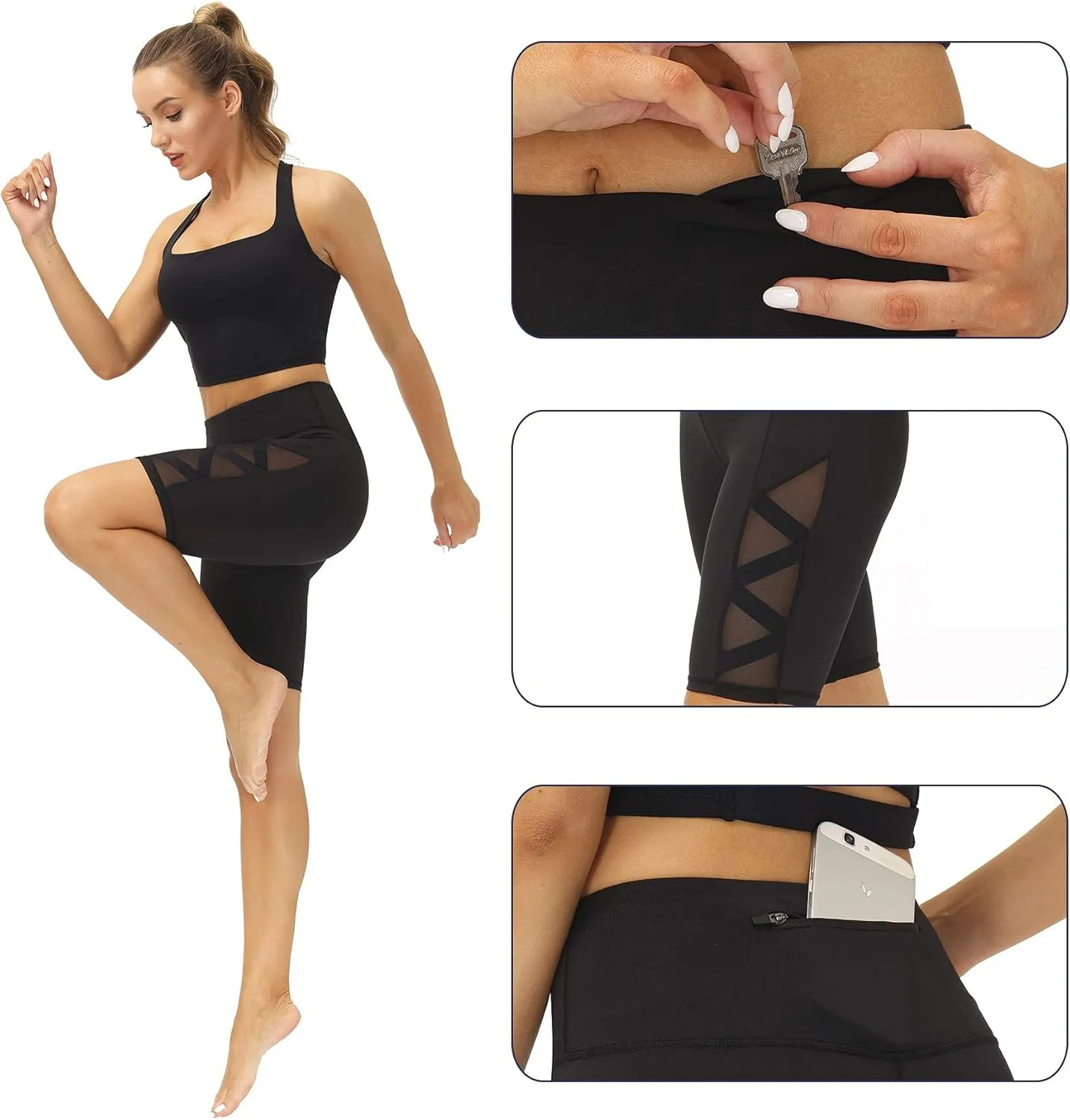 romansong Women's Mesh Leggings Yoga Pants with Pocket, Non See-Through Capri High Waisted Tummy Control 4 Way Stretch