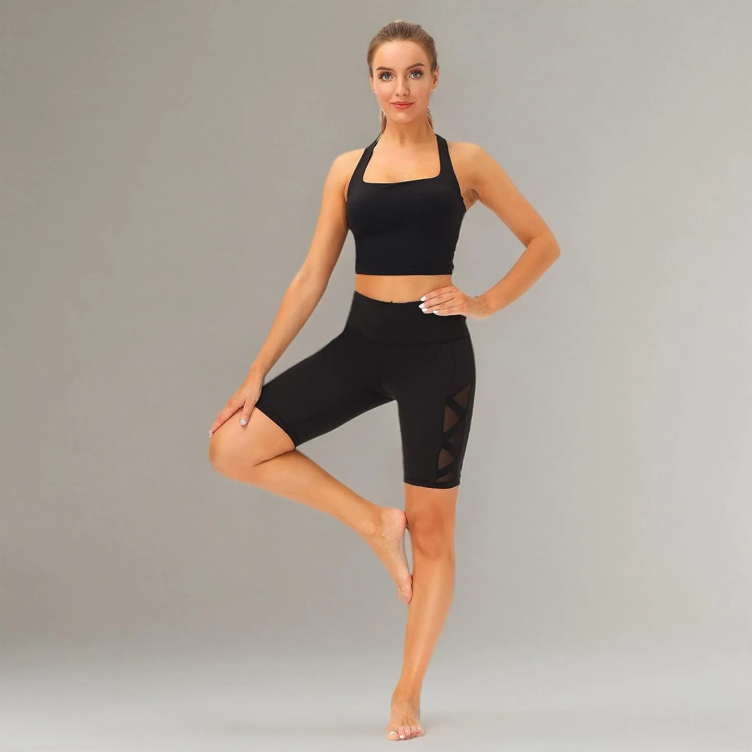 romansong Women's Mesh Leggings Yoga Pants with Pocket, Non See-Through Capri High Waisted Tummy Control 4 Way Stretch