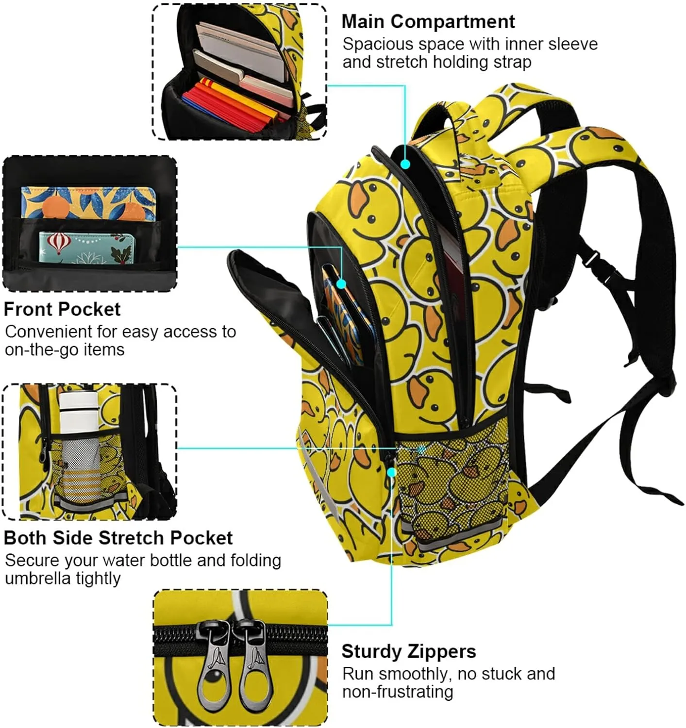 Rubber Duck School Backpack for Teen Bookbag for Middle School/High School/Teenagers/College Boys Girls Portable Wide shoulder strap Backpack 01duck