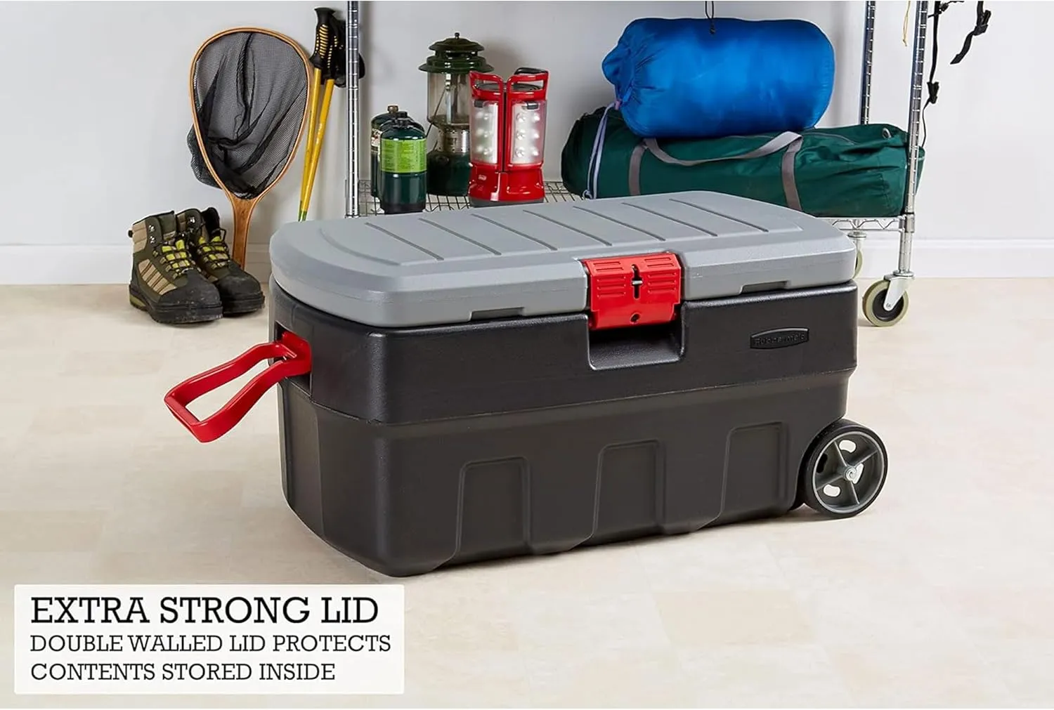 Rubbermaid ActionPacker 35 Gallon, Made in USA, Lockable Plastic Storage Bin with Lid and Wheels- Outdoor, Industrial, Rugged, Camping Gear and Truck Bed Storage - Gray and Black