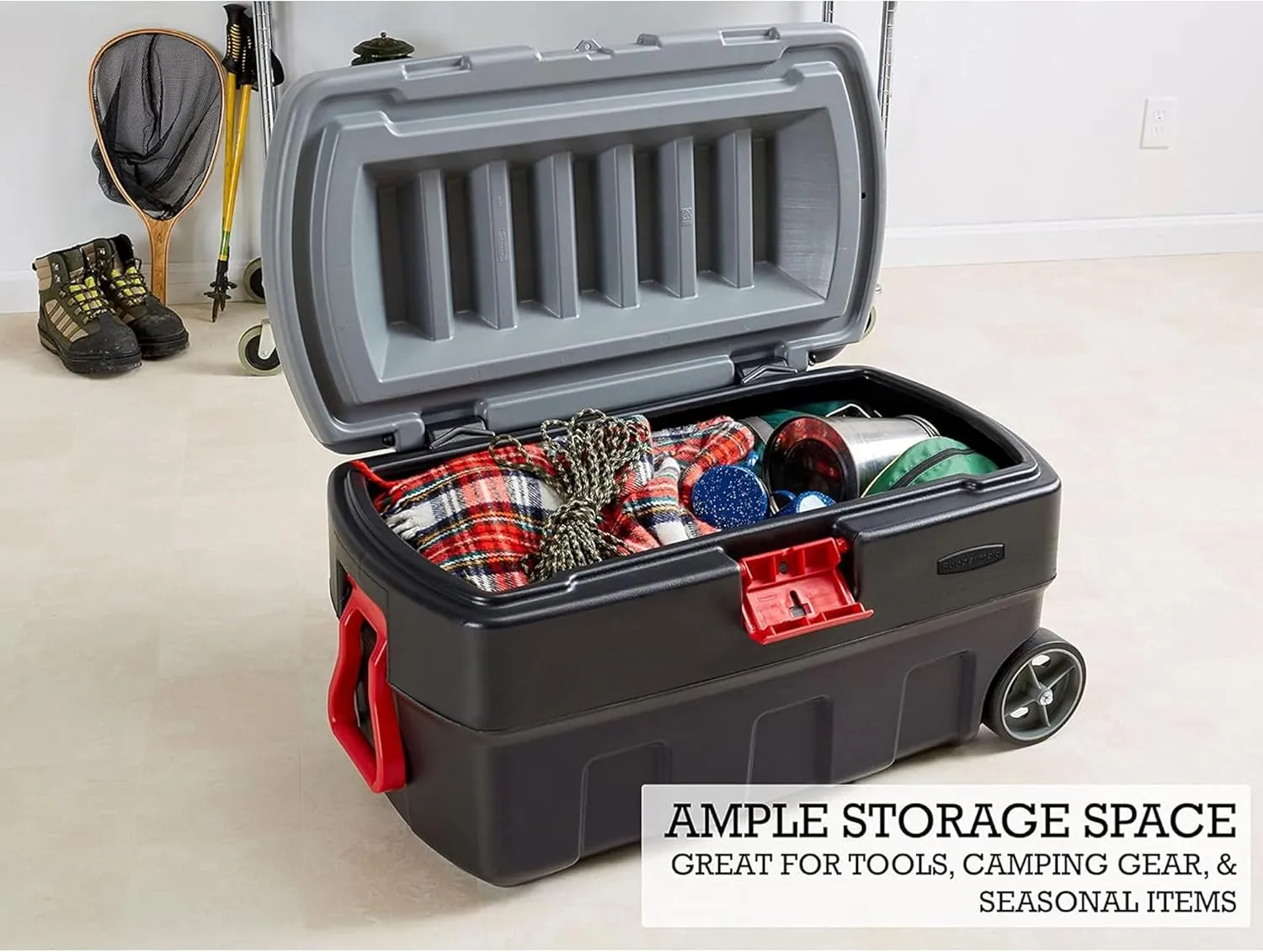 Rubbermaid ActionPacker 35 Gallon, Made in USA, Lockable Plastic Storage Bin with Lid and Wheels- Outdoor, Industrial, Rugged, Camping Gear and Truck Bed Storage - Gray and Black