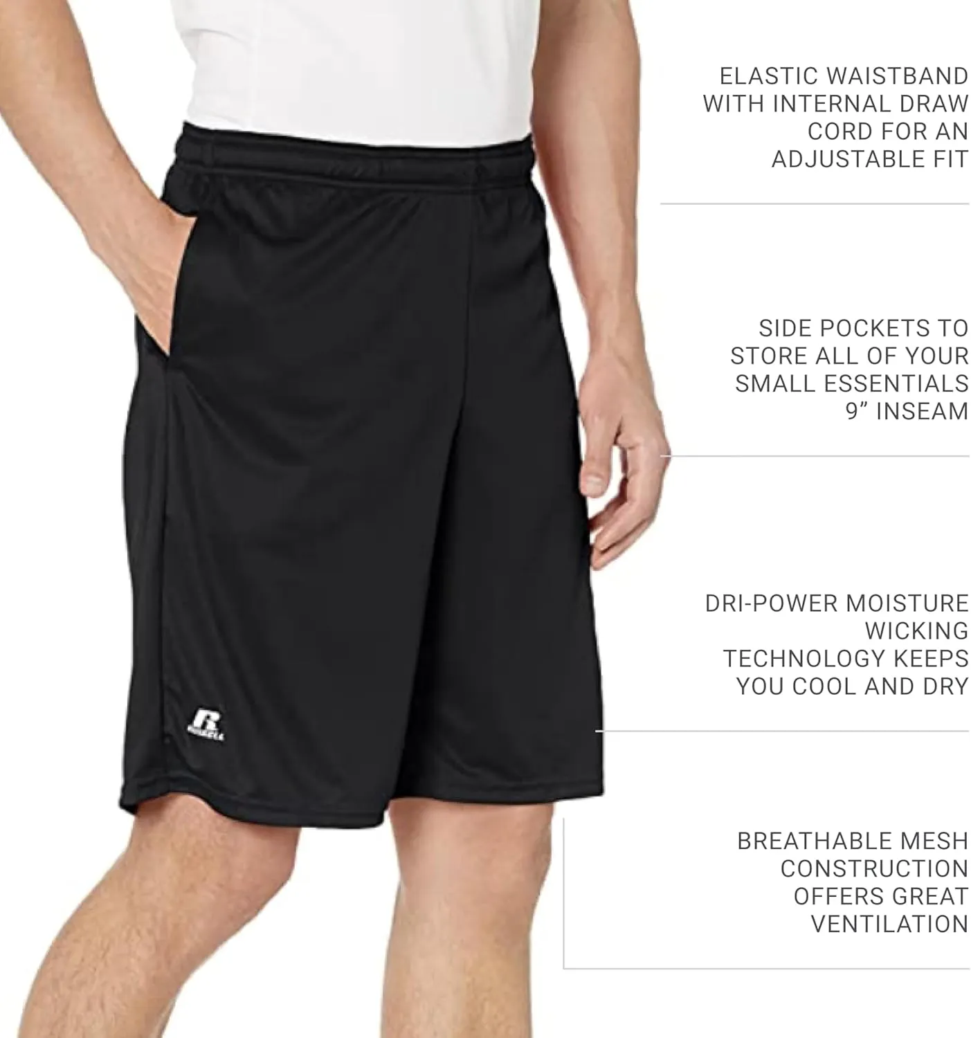Russell Athletics Men's Dri Power Essential Performance Shorts with Pocket - Workout and Gym Active Wear
