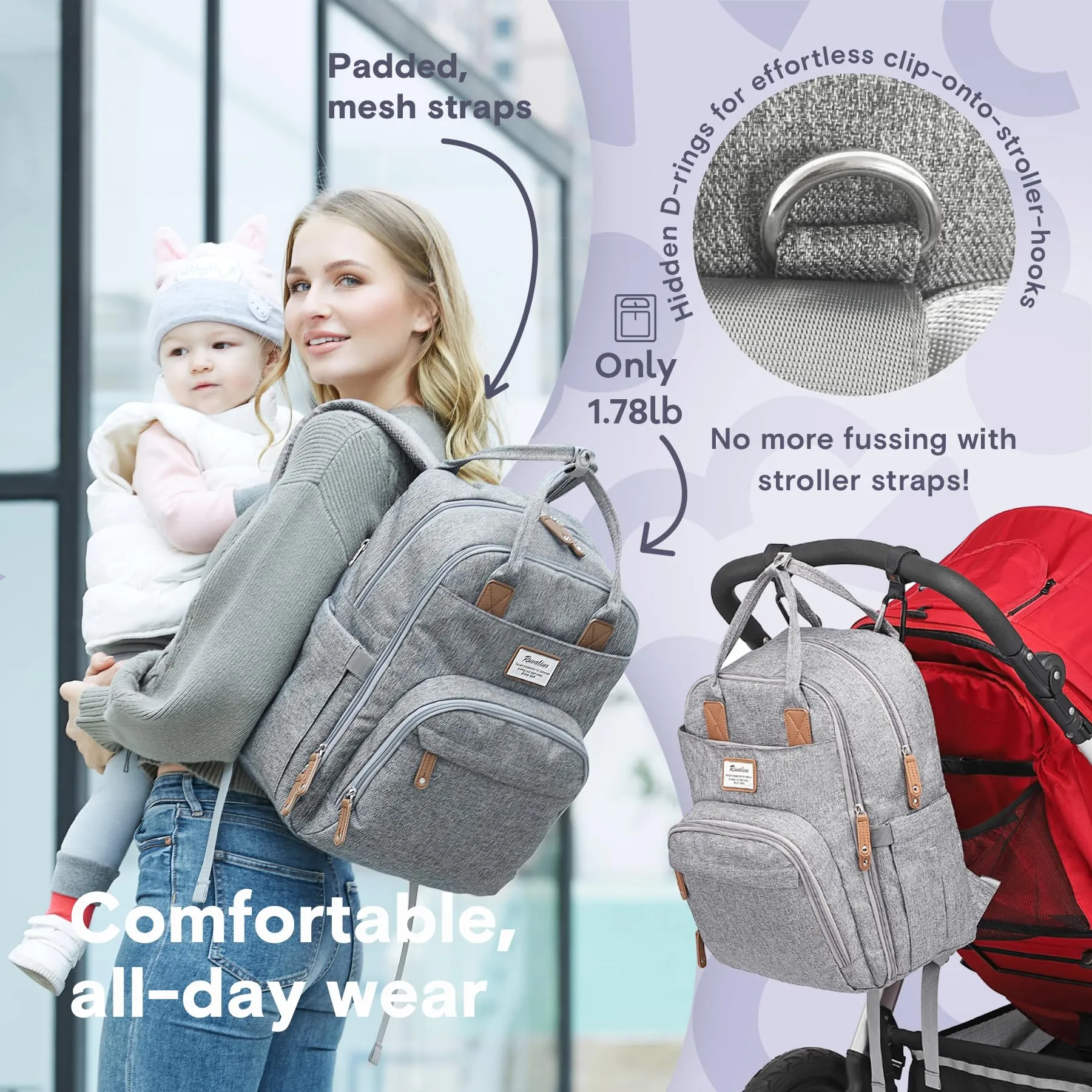 Ruvalino Classic Diaper Bag Backpack - Gray